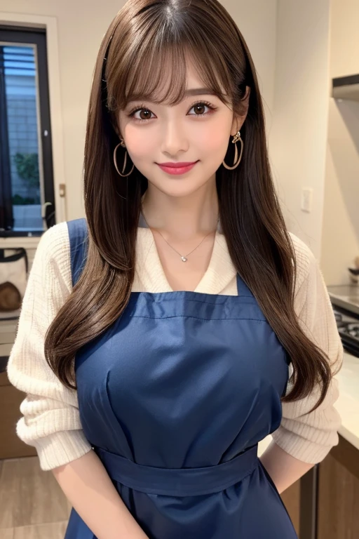 (Highest quality, 8K, masterpiece: 1.3), Beautiful woman with perfect figure: 1.4, Dark brown hair, Wearing a pendant, Wearing an apron, In the kitchen,Wearing underwear, Highly detailed face and skin, Fine grain, double eyelid, Big Breasts, smile