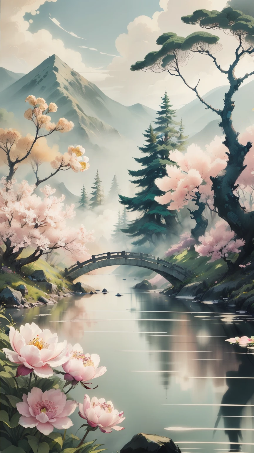 masterpiece, best quality, Chinese ink painting style, a vast landscape of colorful flowers, beautiful colorful flowers blooming everywhere, lilies, peonies, cherry blossom trees, great tall trees and forest in the background Taoism, beautiful scene, (((Chinese martial arts style))), with vast blue sky, ink wash style, outline light, atmospheric atmosphere, depth of field, mist rising, light color