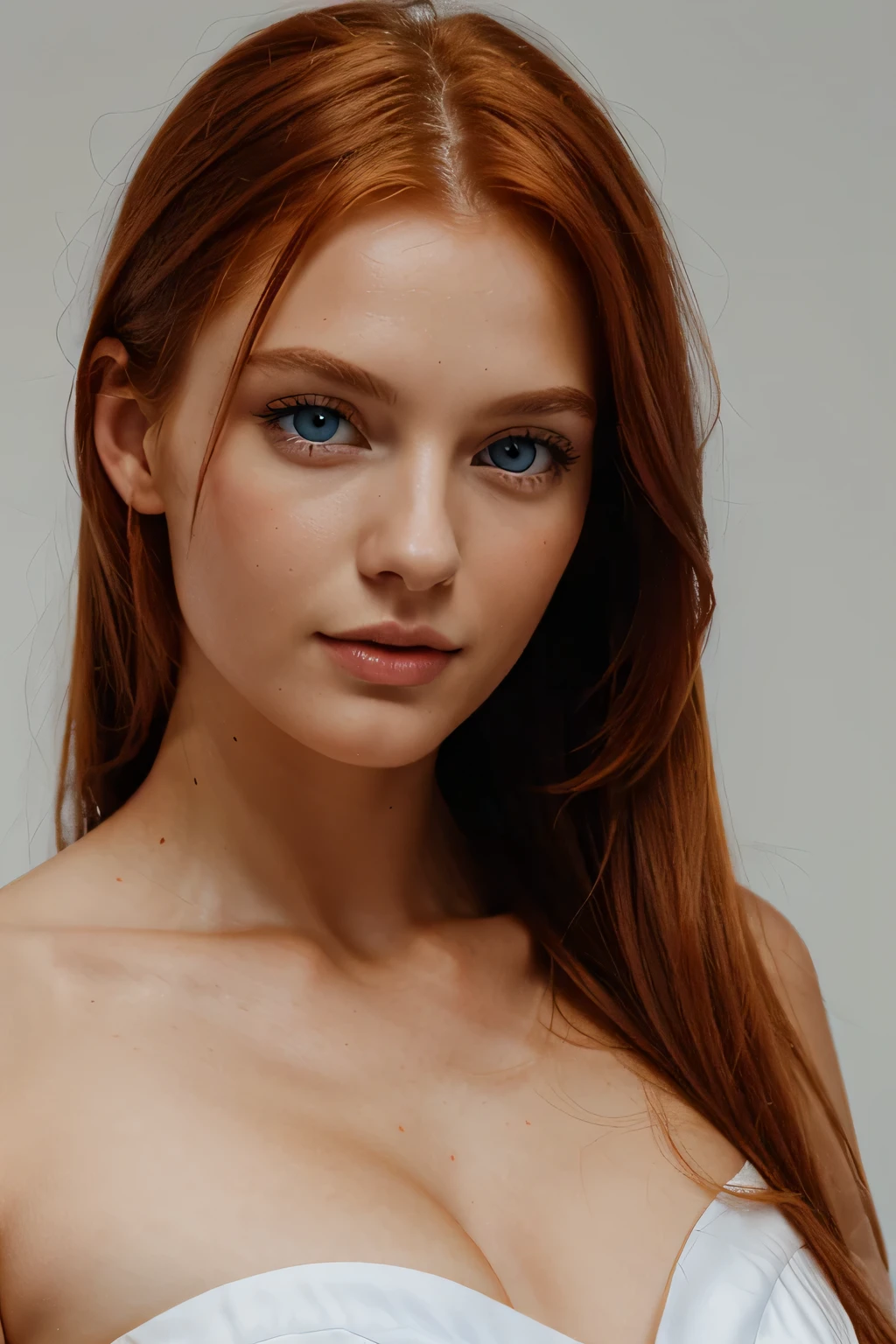 young girl, red-haired woman, blue eyes with light freckles on her cheeks, big tits, she is dressed in a sexy, elegant black dress, photo taken on a white background. Ultra-high resolution, (photorealistic: 1.4), high resolution, (brown eyes), (finely detailed skin), (perfectly proportioned) (photo realistic) (masterpiece) (photorealistic), ultrarealistic (Best Quality) (Detailed) photographed in a Canon EOS R5, 50mm Lens, F/2.8, (8K) (Wallpaper) (Natural lighting) (Convoluted) Fashion