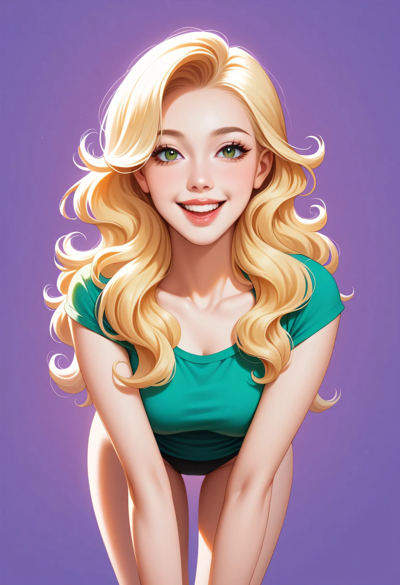 ((masterpice)), (( best qulity )), (( highres, absurdities)), ((detailed)), anime, 1girl , Alone, leaning forward, curved, detailed face, wide hips , big boobs, , arms moving to the waist. , neckline, green t-shirt, yellow none, wavy hair, blond hair, clothing cutout , , head to the left; makeup, (fundo country, purple background), lips, not, super happy! happy, naughty and innocent. , (side lighting) , ( Sampler :::Euler has), , full body