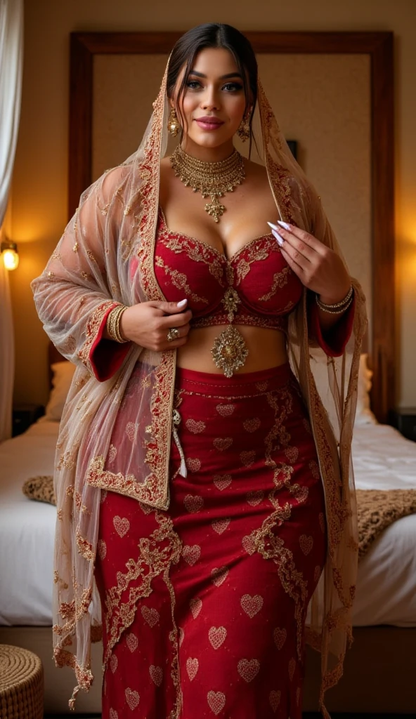 (Best quality, high resolution, masterpiece: 1.3), beautiful Indonesian woman in hijab, tall body, slim body, huge breasts, intricate details, ((almost)), sharp focus, professional, realistic, real life, hyperreal, photorealistic, fine details, best quality, wallpapers Highly detailed 8k unity CG, perfect artwork, Full body, shining eyes, realistic, perfect female hourglass figure, width waist, thigh thick, looking at the viewer, very delicate and beautiful, top quality, beautiful detailed girl, beautiful eye details, facial lighting, film lighting, perspective, realistic facial expressions, beautiful and shapely face, delicate and beautiful eyes, perfectly proportional face, very detailed skin, tight-fitting Malay gamis with pastel red floral motifs with a plain hijab, diamond necklace, luxury hotel, view from below