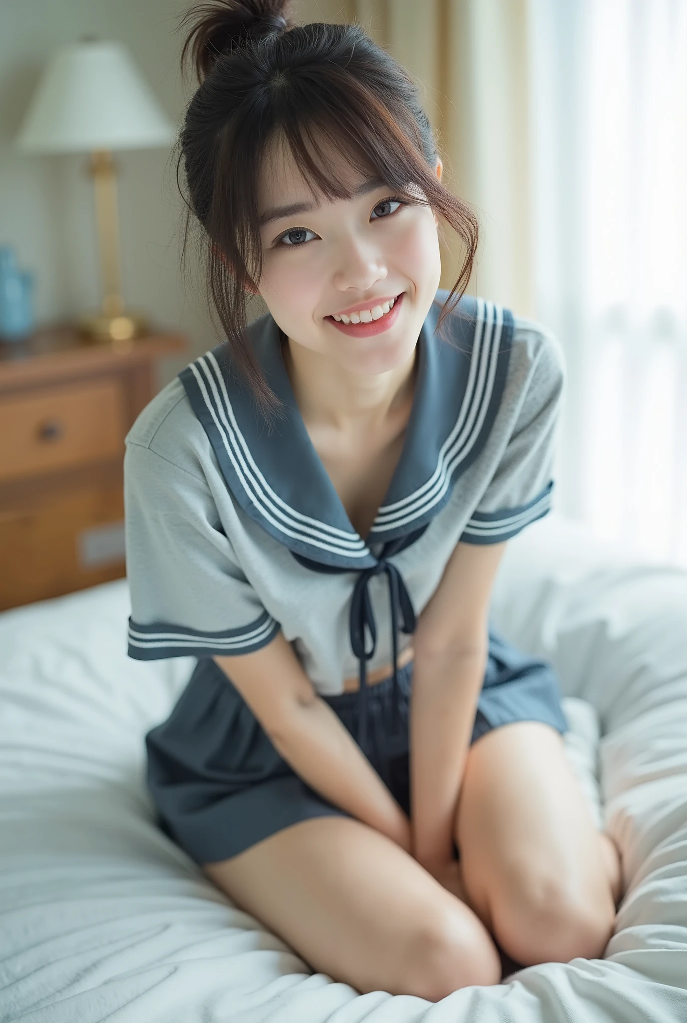 Japanese,Beautiful 6 years old,Baby Face:1.3、Upper body image、Ultra-flat chest:1.85、Ultra short height、An innocent smile、Flat Chestのクローズアップ、Flat Chest:1.85、cute,Primary school students,clavicle、Primary school studentsの私服、Summer clothes、So small and so young、On the bed:1.85、She has her arms open wide waiting for a hug:1.85、Big frilly ribbon:1.85、Nipples、Wet shirt、Primary school students