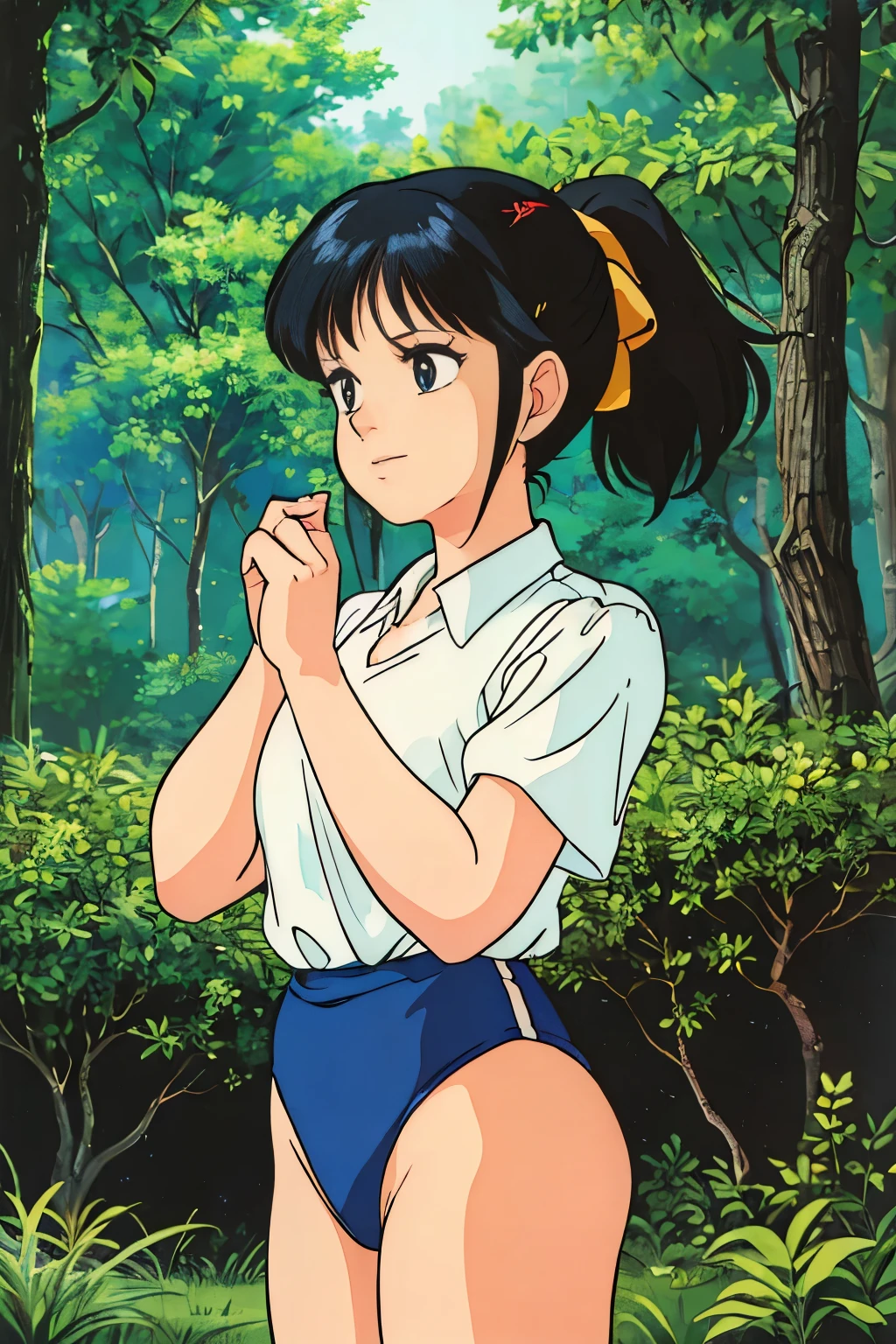 (masterpiece, highest quality), 1 girl, beautiful face, beautiful body, wearing a Black gymnastics bloomers, High leg、white blouse, cowboy shot、Are standing、full body portrait、alone, complex details, enlarged textures, complex details, finely detailed eyes and detailed face, intricate details, (closed mouth), perfect eyes, equal eyes, perfect body, extremely detailed, (), extremely realistic 3d,In a dark forest、 black hair ponytail