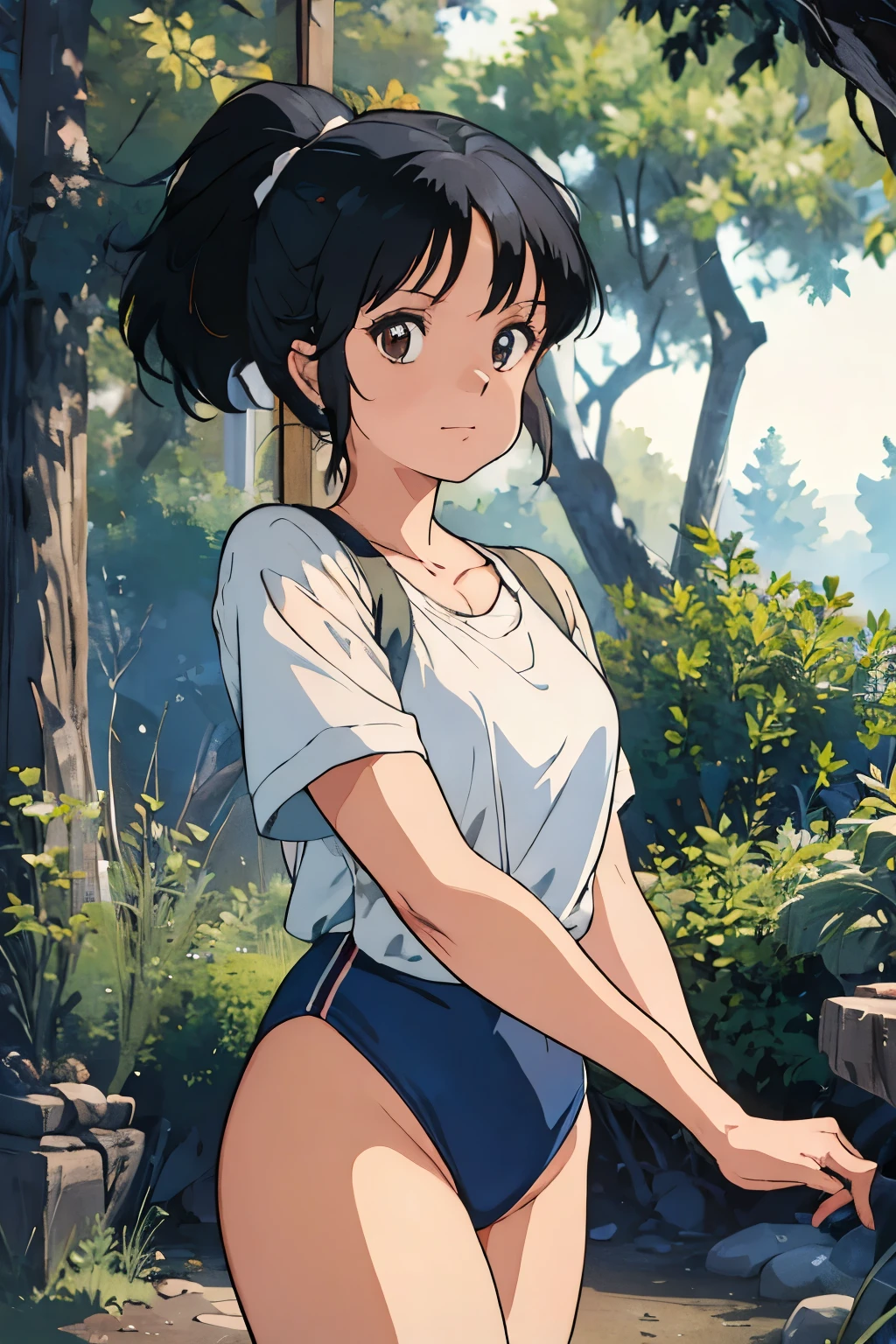 (masterpiece, highest quality), 1 girl, beautiful face, beautiful body, wearing a Black gymnastics bloomers, High leg、white blouse, cowboy shot、Are standing、full body portrait、alone, complex details, enlarged textures, complex details, finely detailed eyes and detailed face, intricate details, (closed mouth), perfect eyes, equal eyes, perfect body, extremely detailed, (), extremely realistic 3d,In a dark forest、 black hair ponytail