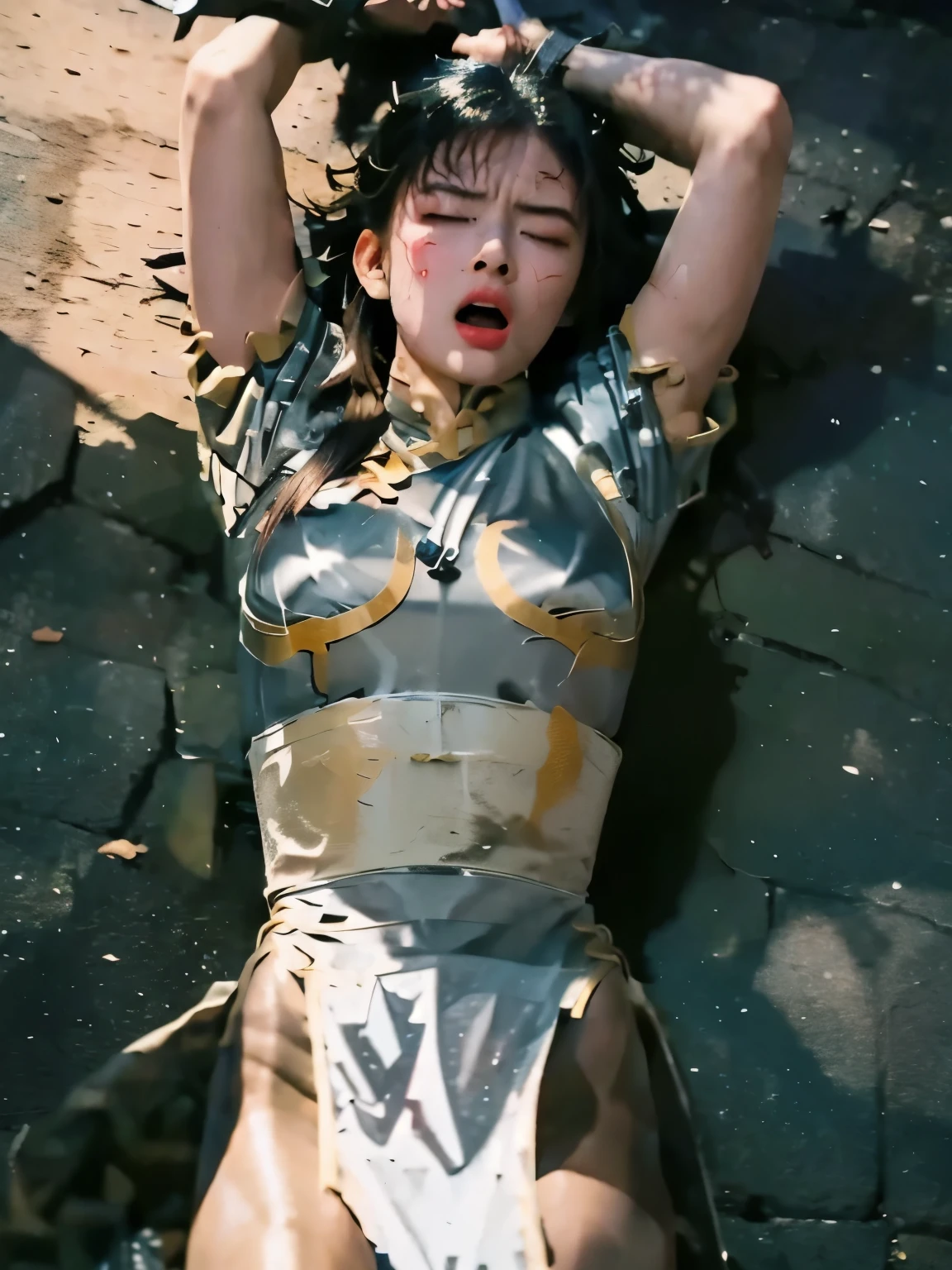 Araffe woman in a costume laying on the ground with a sword - SeaArt AI