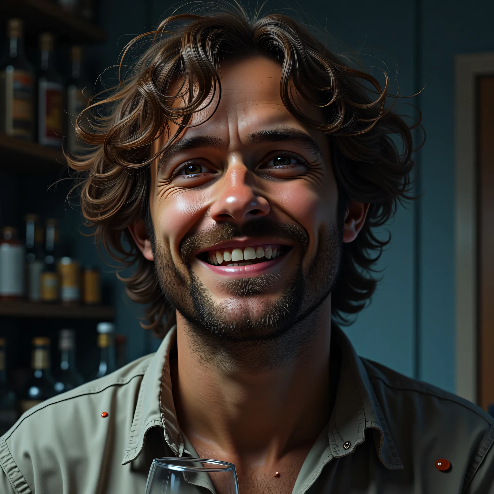 Create a portrait of a guy about 35 years old, who is your best friend, waist-deep. He looks disheveled and a little rumpled, as if he had been drinking all night and had just been woken up.
His eyes are slightly narrowed and red from lack of sleep or the effects of last night. His hair is very disheveled, and there is a slight stubble or an unkempt beard on his face. The smile on his face is a little hazy, but it's still friendly.
There may be small wine or vodka stains on his shirt, and he is holding an empty glass in his hand. In the background, you can see a dimly lit room with scattered bottles and snacks.
The image must be made in a realistic style with a high level of detail. The color palette should be muted: the dominant colors are gray for fatigue, blue for confidence, and brown for warmth.
The lighting is soft and dim to create an atmosphere of relaxation after a stormy night.