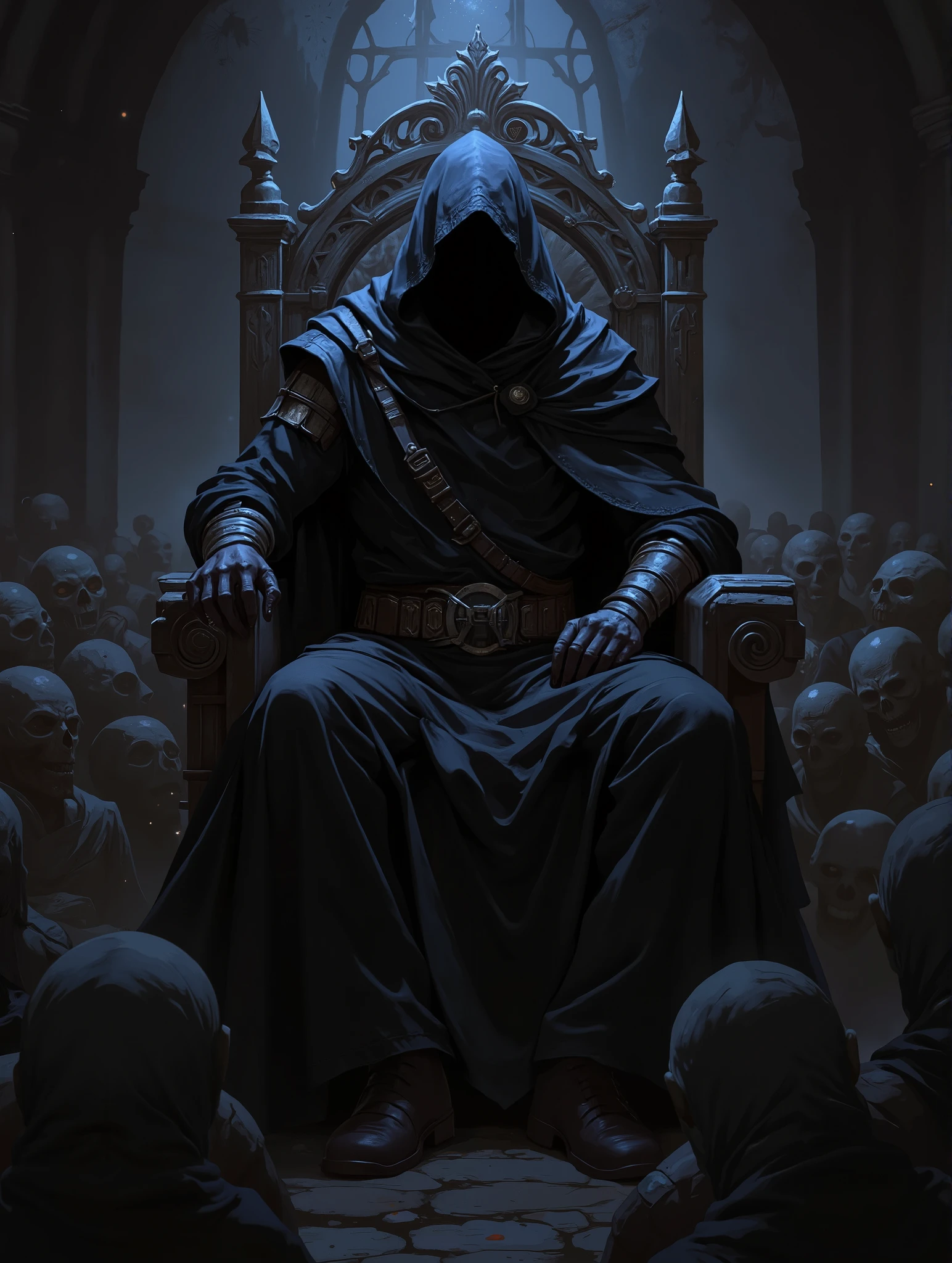 Hooded man. black hood. black cloak. face covered. sitting on a throne. Environment: a shady medieval room. anime. Fantasy.  Black energy in your hand and in your cloak. Legion of zombies saluting the hooded