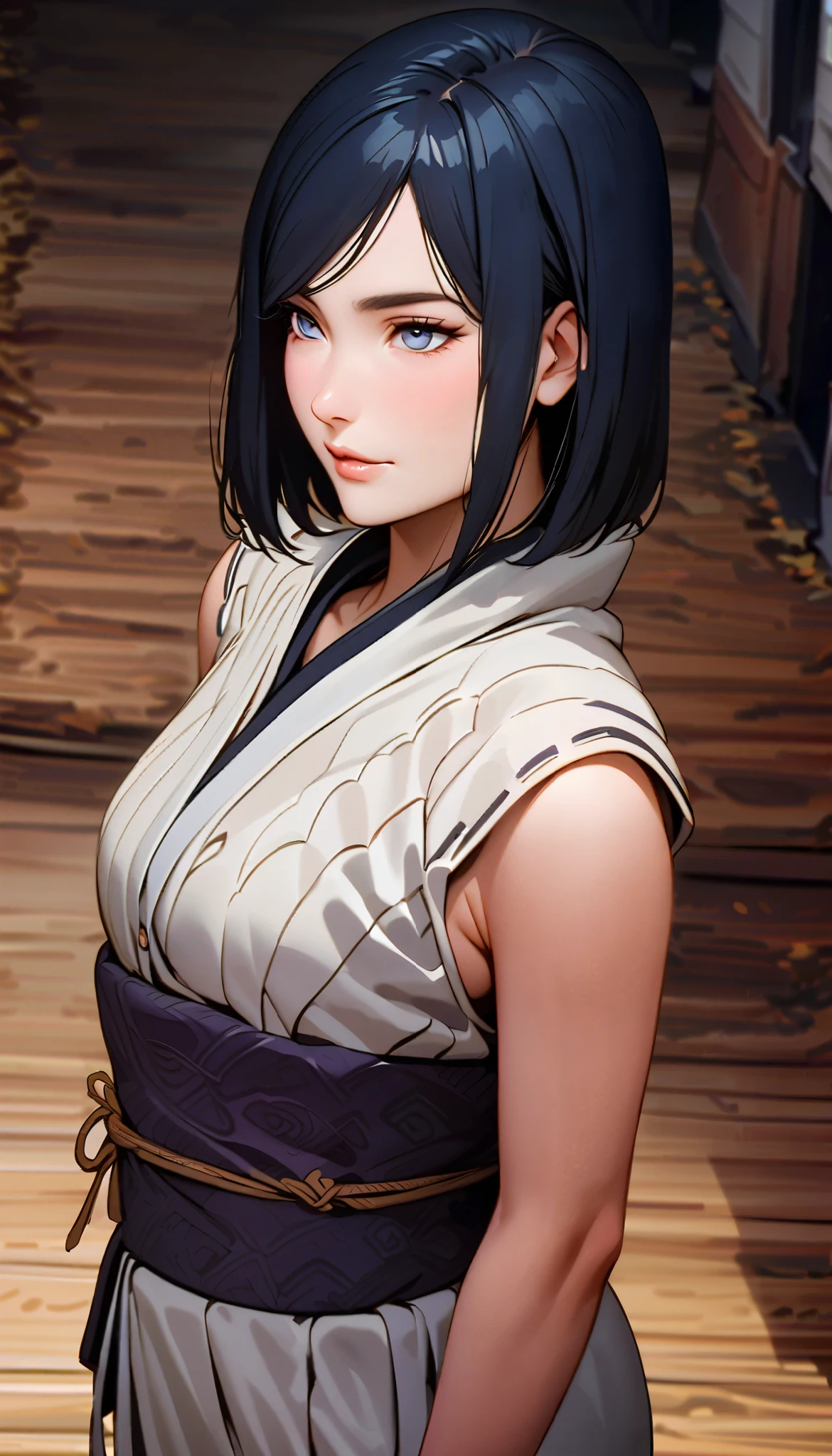 vintage movie, girl, short hair, navy hair, straight hair, woman body, dutch angle, hyuga clan, shinobi village, konohagakure, ((closed mouth)), smilling, ((perfect eyes)), ((solo)), ((perfect lips))