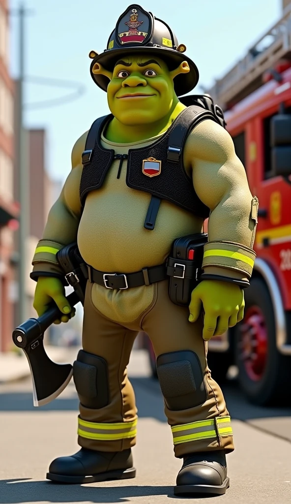 Humpty Dumpty character from the Shrek movie wearing red work overalls with green reflective stripes on the sleeves and legs, wearing a white helmet on a background with containers.