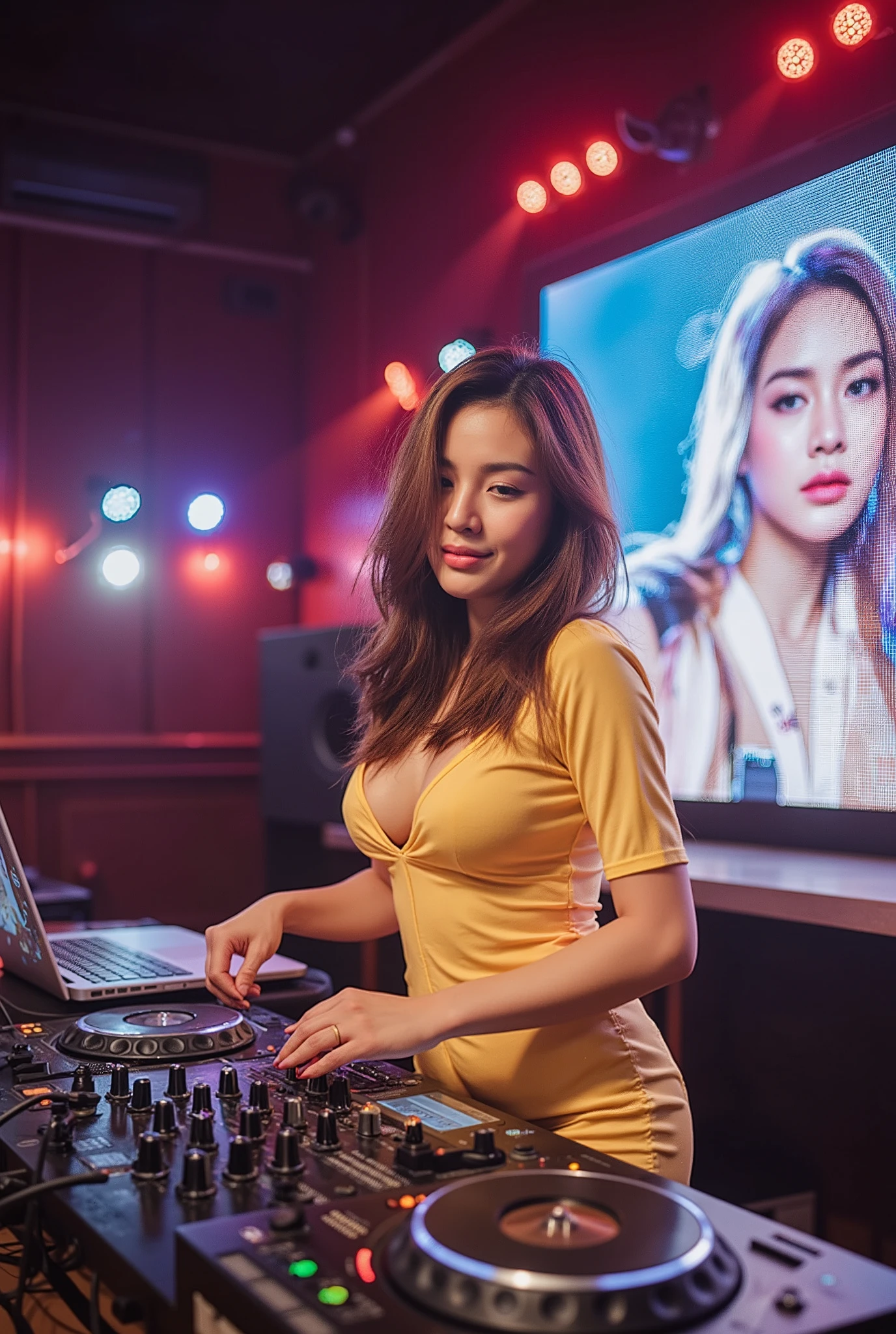 A Young woman wearing a DHL tape, a deep neckline, DHL tape. Yellow wrap. She has long, flowing brown hair and a confident, alluring expression. smile at the corner of the mouth, She is standing behind a professional DJ setup, adjusting the mixer knobs with her fingers, looking focused yet elegant. Her posture is poised, with one hand on the controls and the other adjusting the sound, as she performs in a dimly lit nightclub with neon lights glowing in the background, A vibrant nightclub scene with a professional DJ setup, including a mixer, turntables, and a laptop displaying music software. The background features a large LED screen displaying colorful visuals and a blurred image of a female performer. Multiple stage lights cast a mix of red, blue, and white hues, creating a dynamic and energetic atmosphere. The environment is filled with cables, sound equipment, and a modern DJ booth, emphasizing the high-energy performance setting. The model is illuminated by the lighting, making her stand out against the darker club ambiance. The camera angle is a slightly low shot, capturing her from a three-quarter perspective, adding depth and dynamism to the image while focusing on her expressive pose and the intricate details of the DJ setup.