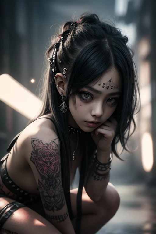 ((21 years old))) Black girl, (((very dark African skin))), (((Close up POV full body portrait, sexy seductive slutty pose:1.2))), ((accentuates huge raised butt, arch your back))), (((very long wavy curly pink hair))), (((wearing a white tank top and lace panties, Lots of tattoos and piercings))), many african tribal tattoo sleeves, Dark Fantasy Art, post-apocalyptic art, rich, deep colors, (elaborate details:0.9), (HDR, Hyper-detailing:1.2), (natural dark African skin structures, hyper realisitc, Anime realistic, light, sharp), luxurious living room background
