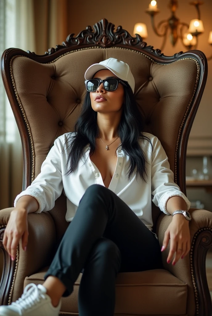 Adriana Morales is a beautiful young Spanish woman, beautiful rectangular face, She wears a brille, subtle make-up, soft skin, beautiful eyes, slick hair, medium breasts, She wears a (black trousers), she wears a white shirt, (long white shirt), (black suit pants:1.5), black trousers, ((white sneakers without socks)), gold watch, gold necklace, taken from the front above, (best quality:1.4), (ultra highres:1.2), (photorealestic:1.4), (8k, RAW-Foto:1.2), Vivid colors, The model is staged as a digital nomad, she is working on a laptop, on a bench by the Rhine, smartphone, headset and a pen lie next to it