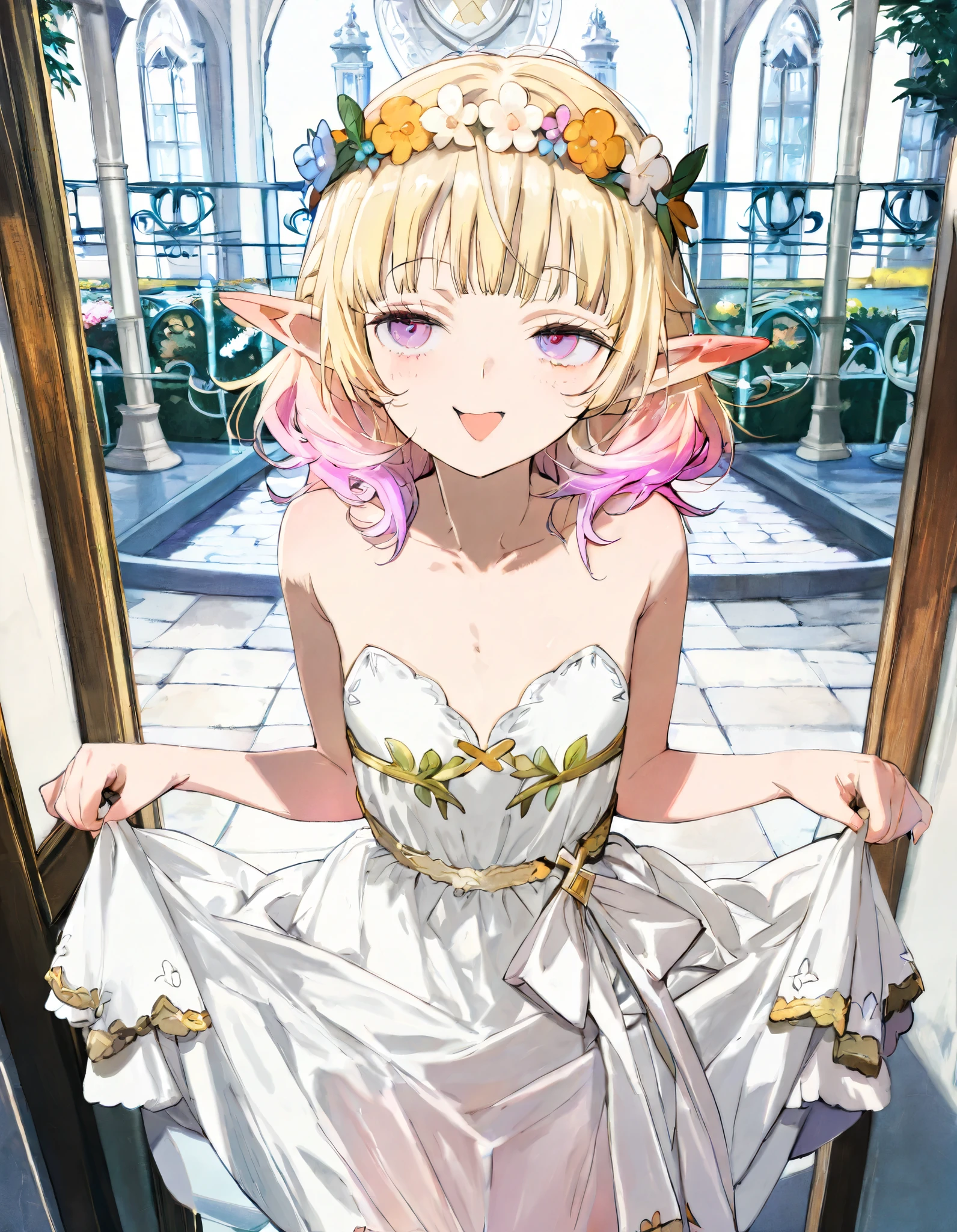 ((toi8 style)), ((Masterpiece)), ((best quality)), (8K), ((kawaii)), (detailed background:1.2), (super detail:1.2),(High Definition:1.3), (Professional Photography:1.2), (very aesthetic:1.2), (absurdres:1.2), (sharp focus), (1girl), cute young girl, Textured skin, (Smug), open mouth, (pale purple eyes, gradient eyes, upturned eyes), Beautiful collarbone, (Healthy body), ((elf ears)), (Gold embroidery), (pure White Noble dress), (small chest), (loose blunt bangs), unruly hair, (medium hair), ((beautiful blond hair, gradient hair)), (put on noble head wreath), BREAK, (Gold embroidery), (pure White Noble dress), (lift up skirt, lifted by self), in the royal castle, (vibrant color), (cute cheeks), glossy lips, pouty lips, (lower eyelashes),