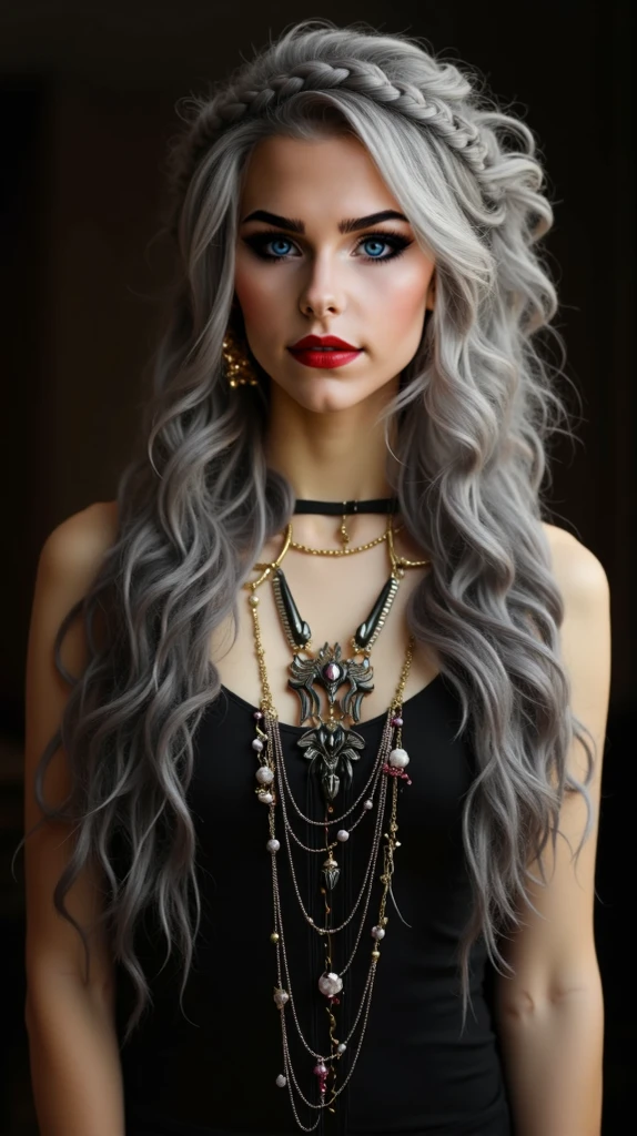 um close up de uma mulher com longos cabelos grisalhos usando um colar, long braids curly silver hair, longos cabelos prateados, menina cabelo prateado, cabelos prateados cacheados, cabelos cacheados prateados, cabelos longos grisalhos claros, cabelos longos prateados, flowing silver hair, usando cabelos prateados, Cabelos grisalhos escuros, long silver braided hair, com cabelos cacheados pretos e prateados, cabelos grisalhos nublados