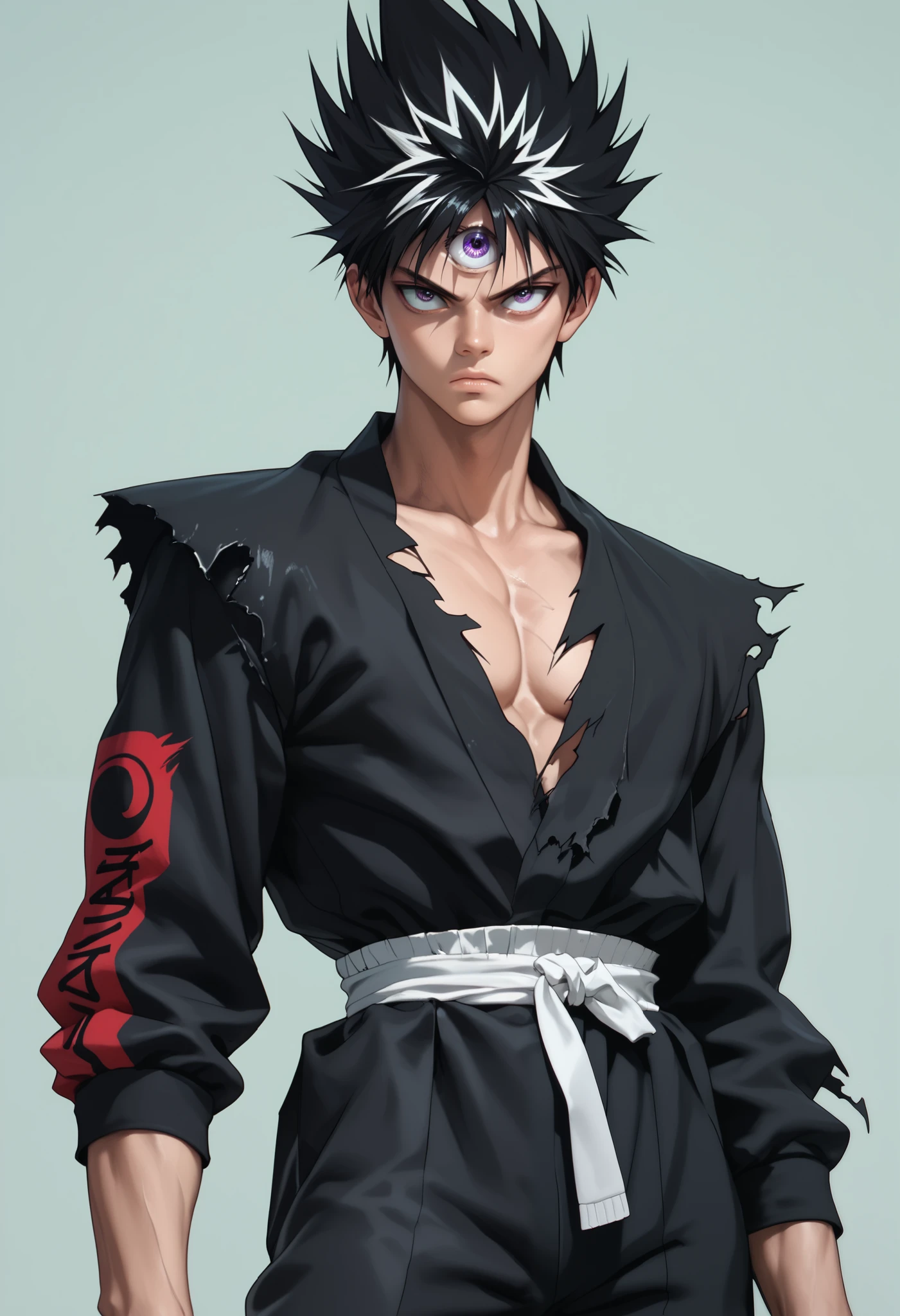 score_9, score_8_up, score_7_up, 1boy, male focus, nh, third eye, black hair, spiked hair, torn clothes, serious, cowboy shot
