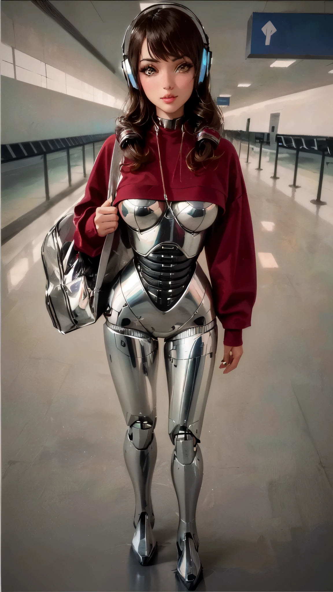 arafed woman in a shiny suit with headphones and a bag, metallic neoprene woman, as a retro futuristic heroine, chrome outfit, barbie cyborg, cyborg fashion shot, dominatrix robot, cyborg fashion model, chrome bodysuit, as a retrofuturistic heroine, the mekanik doll, dominatrix assassin robot, retrofuturistic female android, female robot