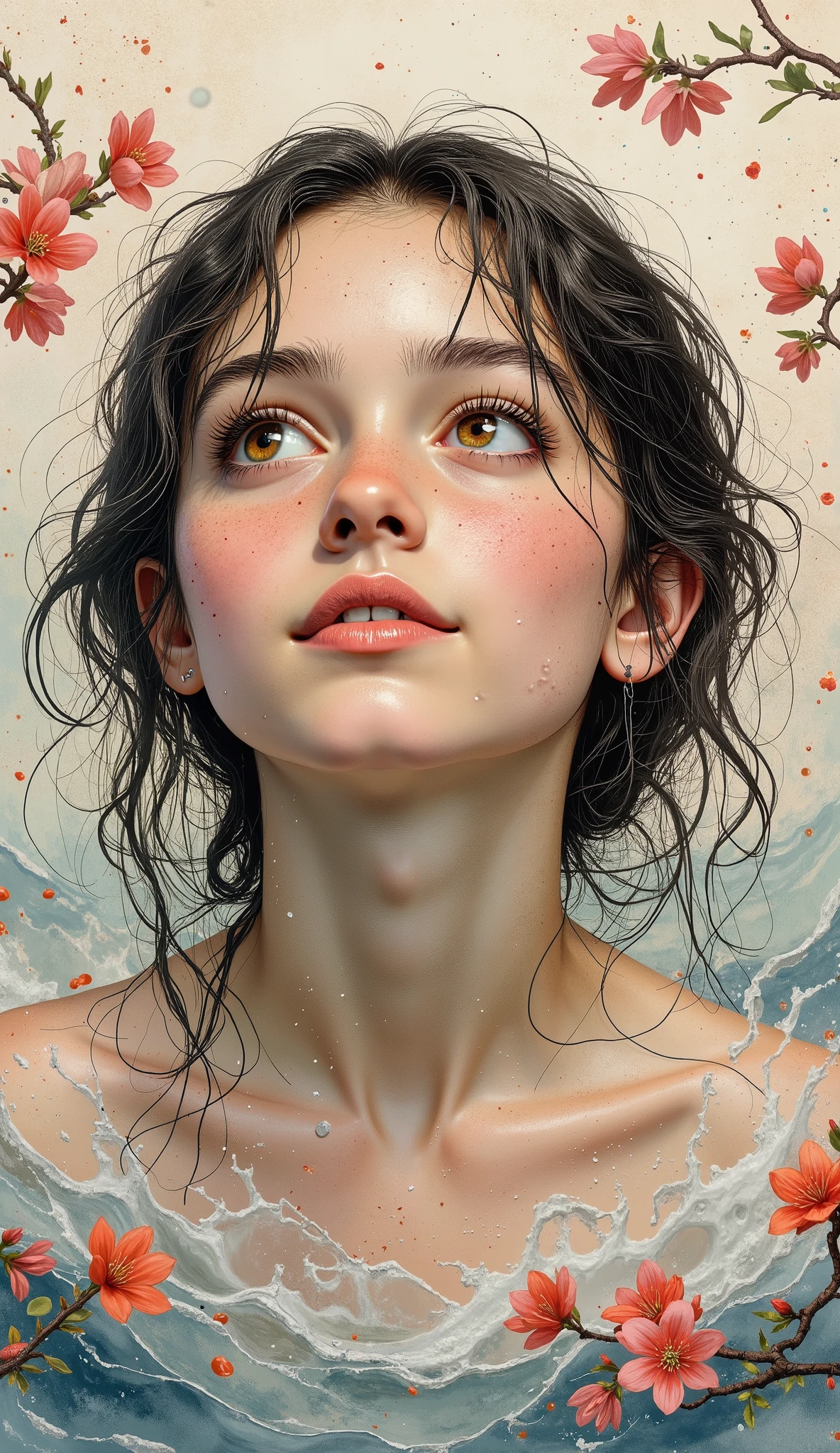A hyper-realistic digital artistic portrait of a young girl -18 with wet hair, taken in close-up, standing up to her neck in pure, pure water, behind transparent drops of water falling from above, forming vertical paths. She looks up and away. Close-up of the face and neck. The girl with dark, wet, curly hair looks naive and surprised. There is a slight smile on his lips. The head is raised, the face is slightly turned. She has slightly freckled, moist skin and charming, incredibly transparent brown eyes with fluffy long eyelashes. There are many transparent large and small drops of water and splashes in the air. Small delicate red cherry blossoms form the frame of the image. The background is light and neutral. Vintage warm filter. Sepia. From top to bottom. The overall style combines digital art and watercolor painting, the details of hair and face are clearly drawn, but the color shades of skin, background and water emphasize the handwriting, showing spots, streaks, splashes and strokes, creating the effect of an old postcard. The atmosphere of the image is dreamy and nostalgic, evoking memories. The colors should be muted but bright, with an emphasis on pink, peach, red and green shades of flowers and delicate shades of her skin. Soft light falls from above and behind, casting shadows on the skin from the eyelashes, nose, lower lip and chin of the girl. The shadows on the hair are watercolor, gray-blue, blurred and opaque. Artgerm Style