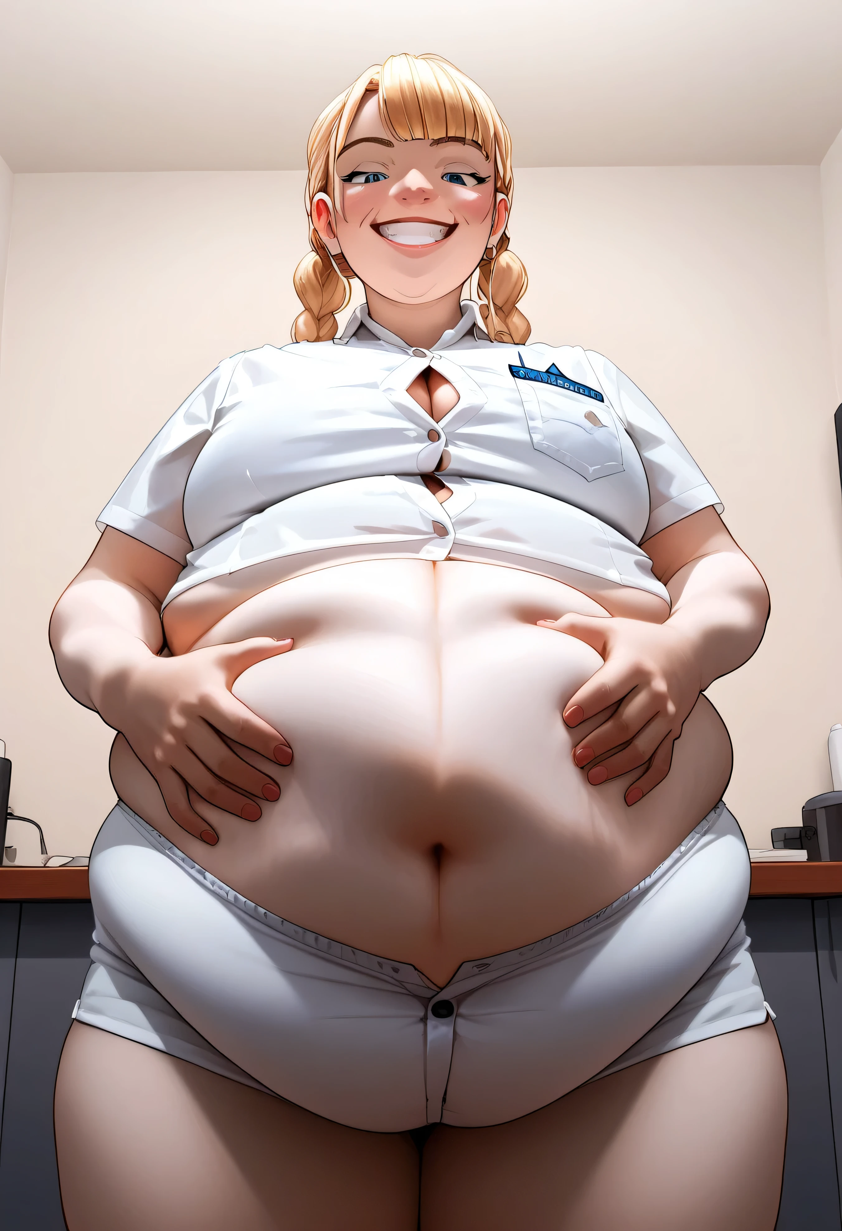 One girl, suprised, exposed midriff, vest and white button up shirt, ((tall belly:1.3)), no fat folds, belly inflation, stretched clothes, her hands on her belly, grin, belly popping out beneath shirt, volumetric and specular lighting score_9, score_8_up, score_7_up, score_6_up, score_5_up, score_4_up, rating_explicit, source_western, Jabstyle (tall torso), (skinny arms and legs), (looking down at her belly) (vertical belly inflating her taller) (tall inflation)looking down at her belly) (vertical belly inflating her taller) (height growth) (strained shirt, undersized shirt) (buttoned vest), (stomach gurgle sounds), dynamic side angle (button gap:1.2)