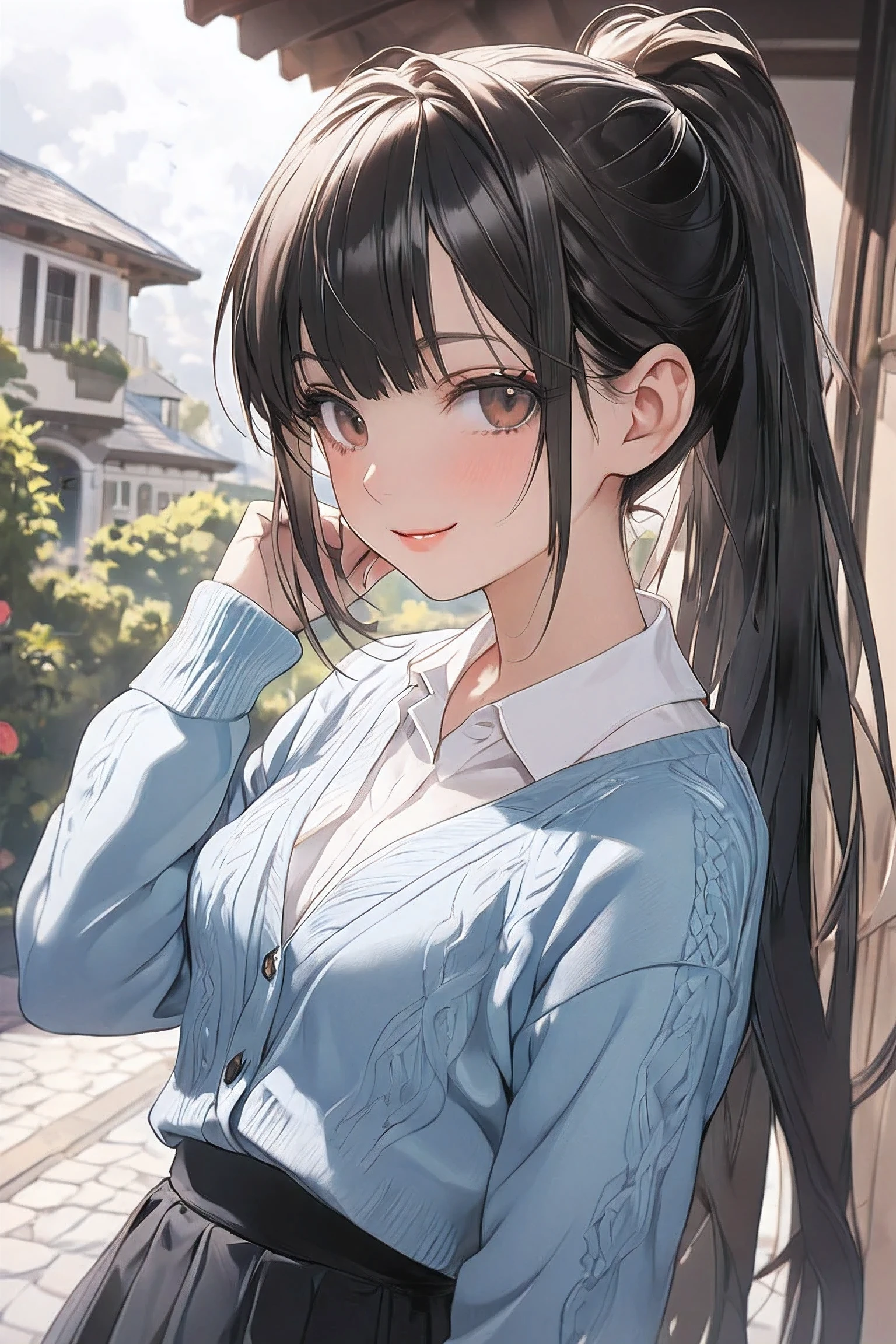 (masterpiece:1.2, top-quality), (realistic, photorealistic:1.4), beautiful illustration, (natural side lighting, movie lighting),
looking at viewer, dynamic angle, 1 girl, japanese, office worker, reception, perfect face, cute and symmetrical face, suntan, shiny skin,
(middle hair, low twintails, sidelocks, black hair), swept bangs, light brown eyes, long eye lasher, (medium breasts), slender,
beautiful hair, beautiful face, beautiful detailed eyes, beautiful clavicle, beautiful body, beautiful chest, beautiful thigh, beautiful legs, beautiful fingers,
white blouse, (beige cardigan:1.2) break zettai ryouiki, (blue plaid mini skirt:1.2),
(beautiful scenery), summer, (sitting on chair of cafe, cups of tea, sandwiches on plate, salad in bowl), window, ocean view, , (happy, smile:1.2),