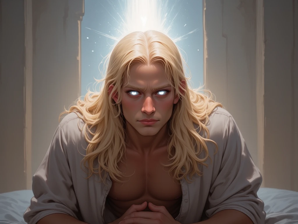 ((masterpiece, best quality)),(complex light),alone,alone focus,1 boy,Asura, white hair, glowing eyes, furious, Golden arm, Simple background, laying on his back, sitting, hands tied up, bondage, defeated in battle, hurt, injured, screaming in pain, naked, Destroyed debris background,