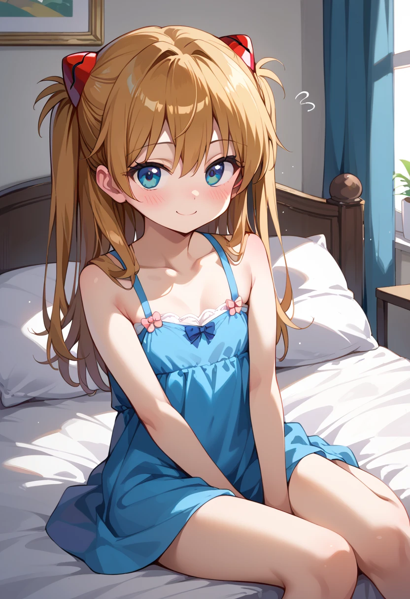 (Masterpiece, top quality, super high quality, super high detail, beautiful hair, beautiful eyes, perfect face, animated illustration),
 girl's room, pretty white based room, morning sun coming through the window, white lace curtains, not wooden room,
 blonde hair with short high twin tails up both sides with slightly curly hair and very Baby-faced, hung-eyed, heterochromatic, blue-eyed, green-eyed, very huge-breasted, 145 cm tall girl wearing only large cute pajamas, sitting on the bed with nothing on her lower body, one eye closed, right hand over her mouth, left arm raised, back arched, Mouth wide open, muzzy effect, bare feet, thighs, sweaty, sweaty underarms, sitting upright with legs open, bottom half of body completely covered, no panties, no bra