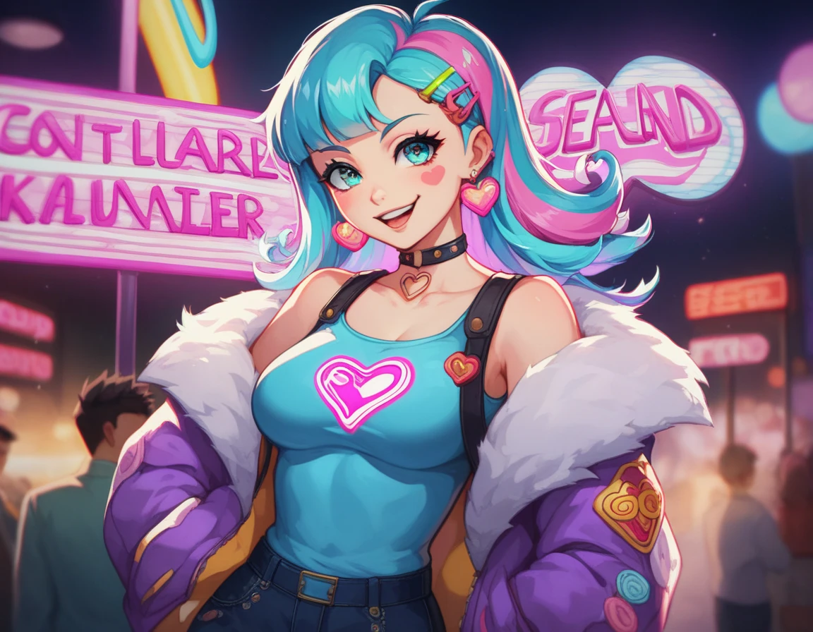 score_9,score_8_up,score_7_up, source_anime, 1girl, solo, 30-years-old, gyaru, skyla_\(pokemon\), twe-tone hair, pink hair, blonde hair, looking at viewer, bags under eyes, amimia, makeup, purple eyeshadow, purple lips, tongue out, licking lollipop, dripping saliva, drool, very dark skin, dark-skinned female, metalic tan, shiny skin, close up, face focus, choker, fur coat, cleavage, polished nails, BREAK outdoors, tokyo \(city\), night time, blurry background, city lights, neon lights,