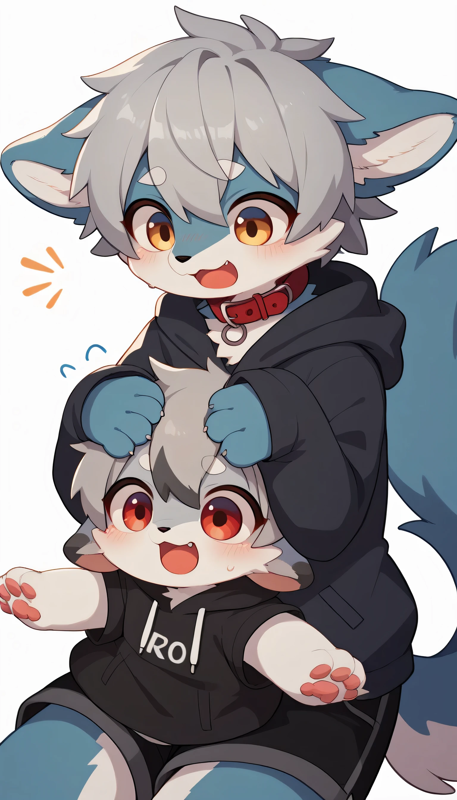 in great detail having fun in great detail,gray hair and gray fur , blue fur ,blue wolf, shemono,Age 15,Participation, red collar, cute face,female, fluffy fur ,The three cute furries dance ! lustful girl , white background, embarrassed face,cute grey fur fur , estrus, droopy ears,,Two friends , black shorts , sweatshirt , Long Sleeve ,trend,