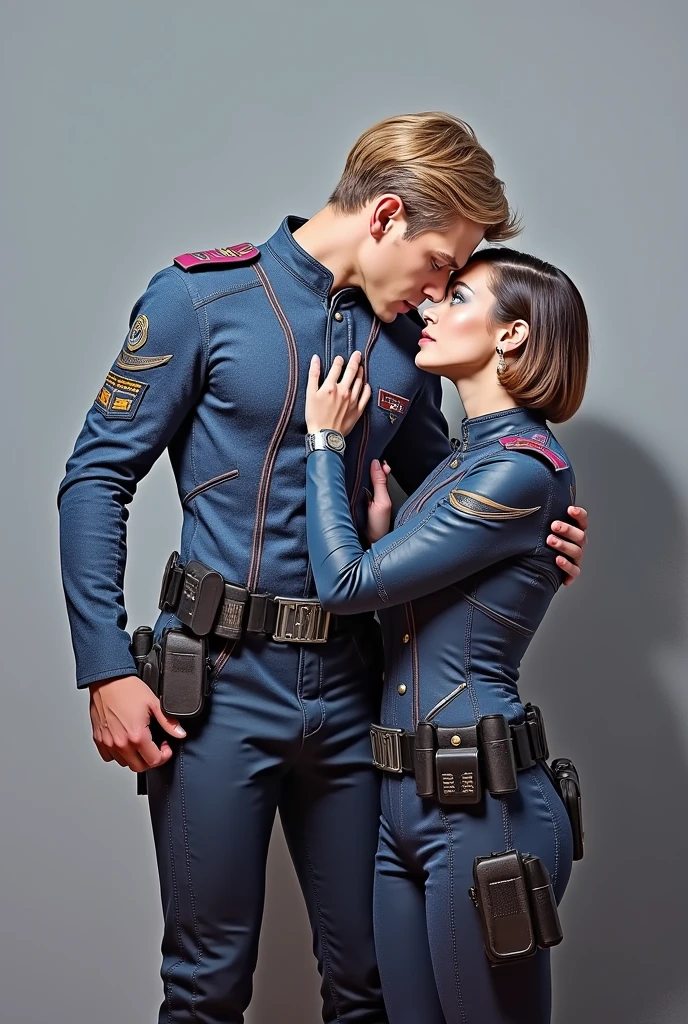 Sexy Star Trek officer. Woman . Great legs. Bold makeup. Short hair. Blonde. Otherworldly beauty. Thick fit athletic body. Skin tight Star Trek costume. Lots of exposed skin. Bold colours. Red, blue, gold. Flirting. Kissing. Sexual touching. Sexual intercourse. Sexual Action.