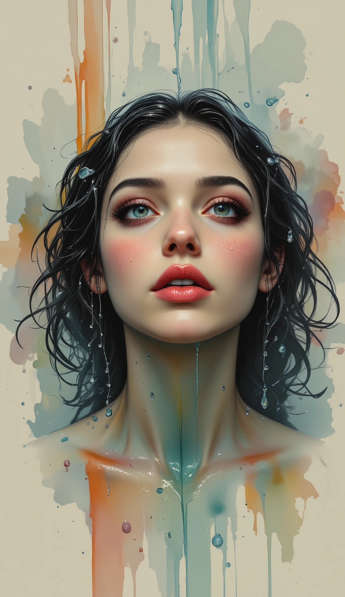 A hyper-realistic digital artistic portrait of a young girl -18 with wet hair, taken in close-up, standing up to her neck in pure, pure water, behind transparent drops of water falling from above, forming vertical paths. She looks up and away. Close-up of the face and neck. The girl with dark, wet, curly hair looks naive and surprised. There is a slight smile on his lips. The head is raised, the face is slightly turned. She has slightly freckled, moist skin and charming, incredibly transparent brown eyes with fluffy long eyelashes. There are many transparent large and small drops of water and splashes in the air. Vintage warm filter. Sepia. From top to bottom. The overall style combines digital art and watercolor painting, the details of hair and face are clearly drawn, but the color shades of skin, background and water emphasize the handwriting, showing spots, streaks, splashes and strokes, creating the effect of an old postcard. The atmosphere of the image is dreamy and nostalgic, evoking memories. The colors should be muted, but bright, with an emphasis on pink, peach, red and green shades of flowers and delicate shades of her skin. Soft light falls from above and behind, casting shadows on the skin from the eyelashes, nose, lower lip and chin of the girl. The shadows on the hair are watercolor, gray-blue, blurred and opaque. Artgerm Style