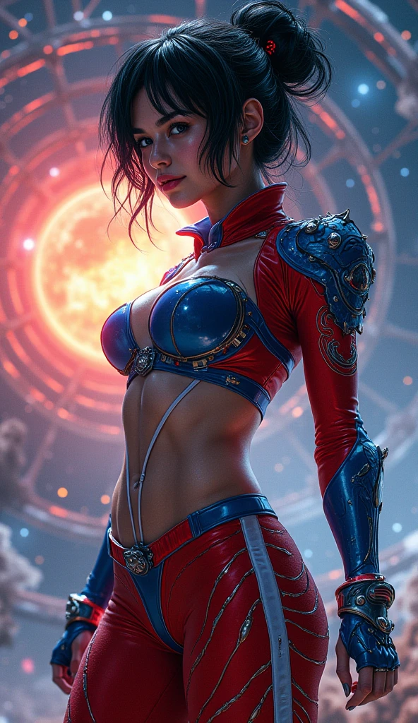Harle (Chrono Cross), 1girl, slender acrobatic build, (small bust), torn harlequin outfit, torn_high_cut_unitard, torn lacy leggings, fighting poses, full length portrait, (wide angle:1.32), dramatic lighting, cinematic composition, color harmony, hyper-detailed, detailed face, beautiful eyes, dimensional vortex in background, 8k, masterpiece, intricate clothing details, [no bra], strong_negative 