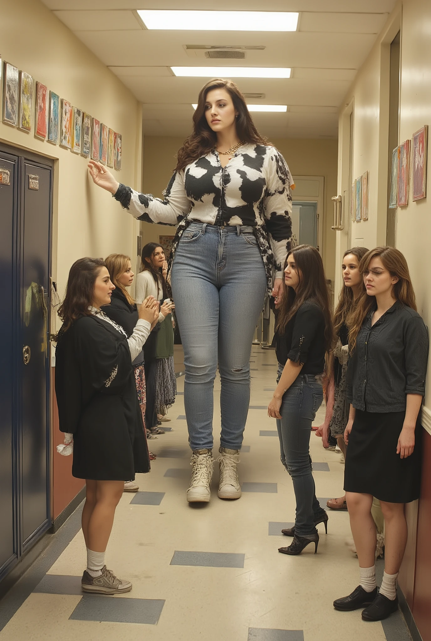 Create an image of three extremely tall girls standing in a school hallway. They tower over the other students, who are much smaller in comparison. The tall girls are wearing various outfits, adding a touch of individuality and style to the scene. The smaller students around them are dressed in typical school attire, and they look up at the tall girls with a mix of curiosity, admiration, and awe. The hallway is bustling with activity, with lockers, posters, and other school decorations visible in the background. The overall atmosphere is one of surprise and intrigue, with the tall girls' striking presence adding a memorable and captivating element to the image