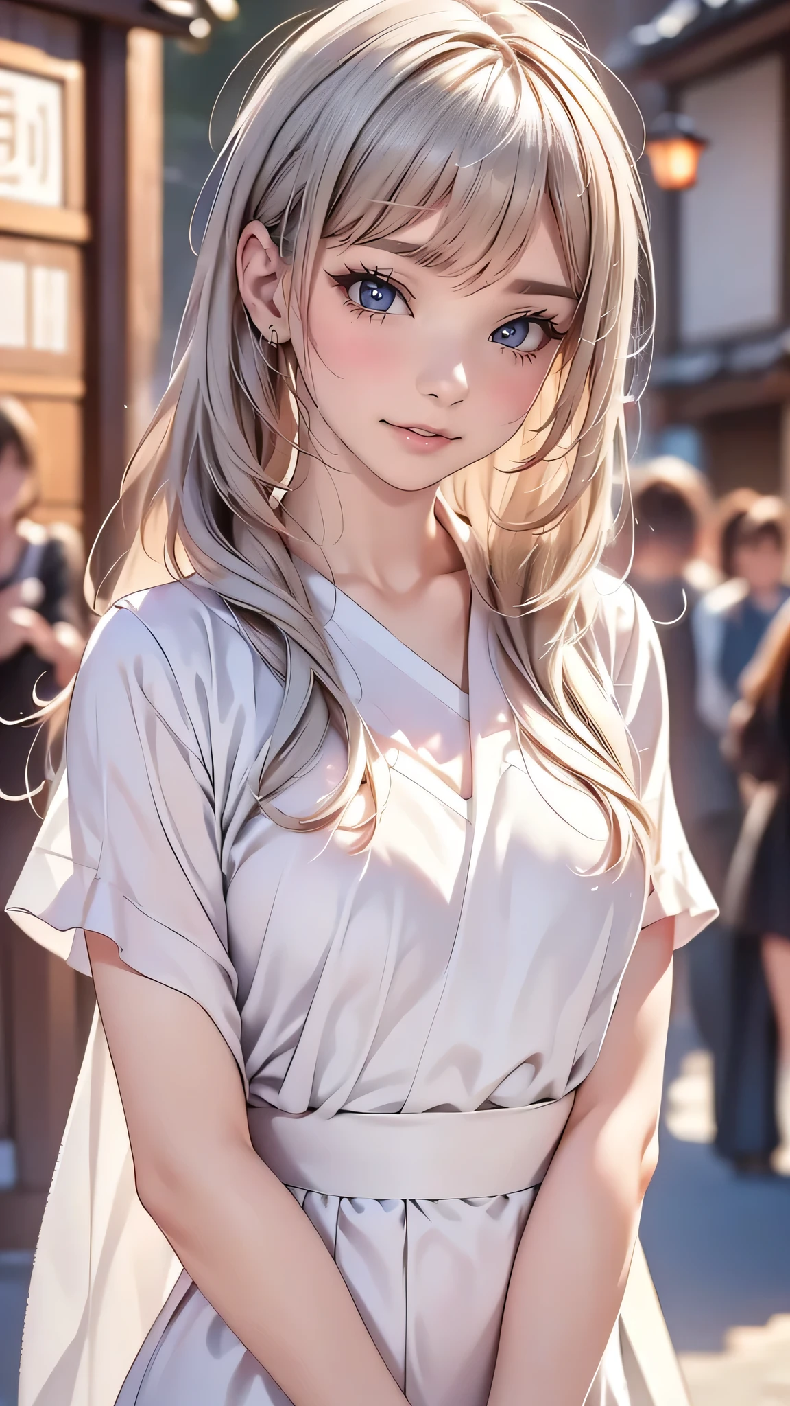 (((Highest quality))),(((Very detailed))),masterpiece,(((Realistic))),(((Photorealistic))),Russia、1men and women、Beautiful silver hair、Natural light、smooth lips、Small Nose、((No makeup))、(((Cute beautiful perfect face at 18 years old)))、Small breasts、Cute pose 、(Smiling Kindly)、((Detailed face)), ((Upper body details)), (Delicate skin), White skin,(Cold colors)、(Highest quality) ,Gion Walk、((Blurred Background))