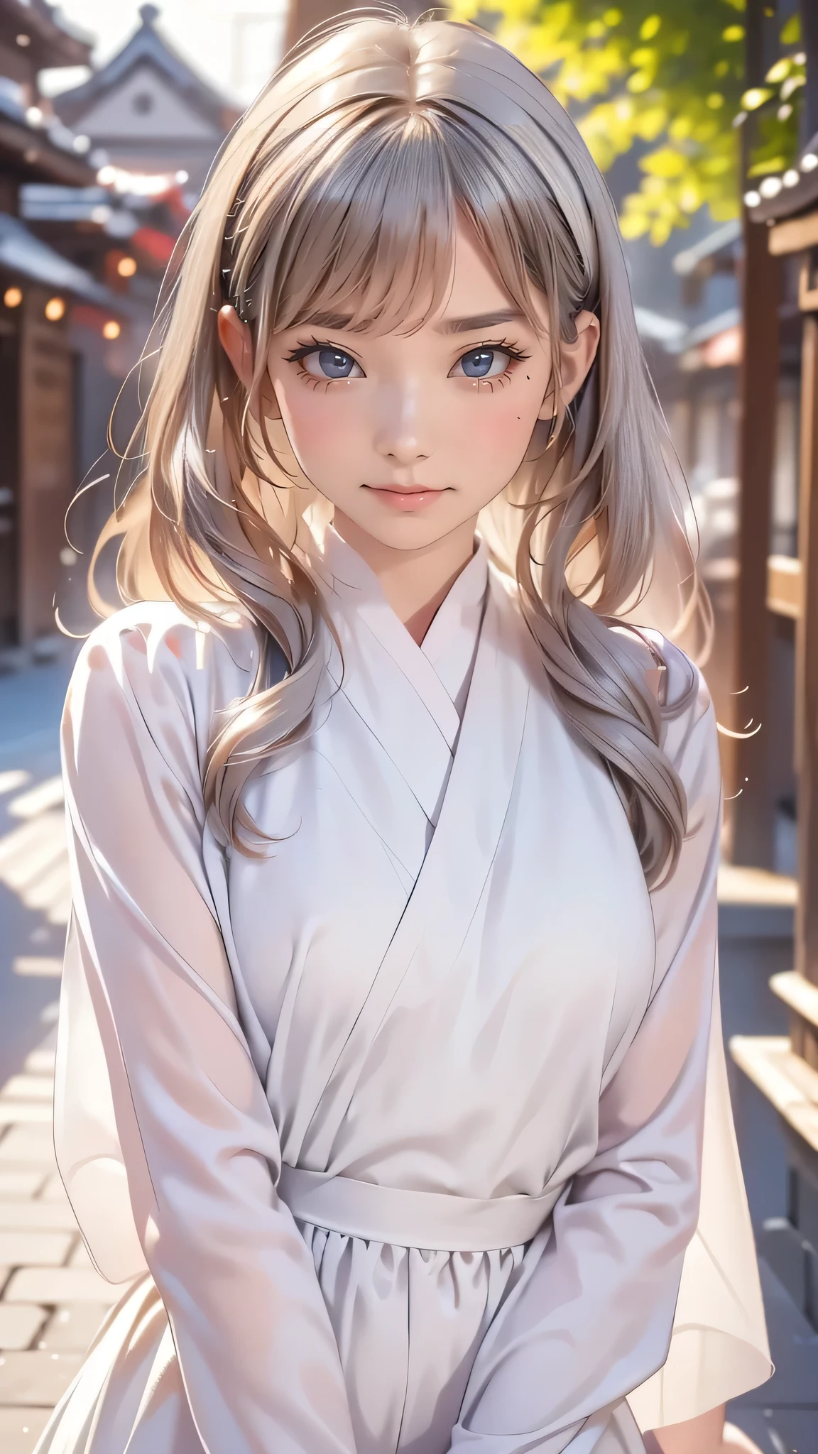 (masterpiece, highest quality, highest quality, Official Art, beautifully、aesthetic:1.2),Cowboy Shot、 (1 Japanese kimono girl)、Large light brown eyes、Beautiful belly、smile、（Long silver hair with bangs）、Old shrine garden、pine tree、moonlight、Very detailed,、Perfect lighting、Sharp focus、High resolution、High resolution、High color rendering、High resolution、Super realistic、