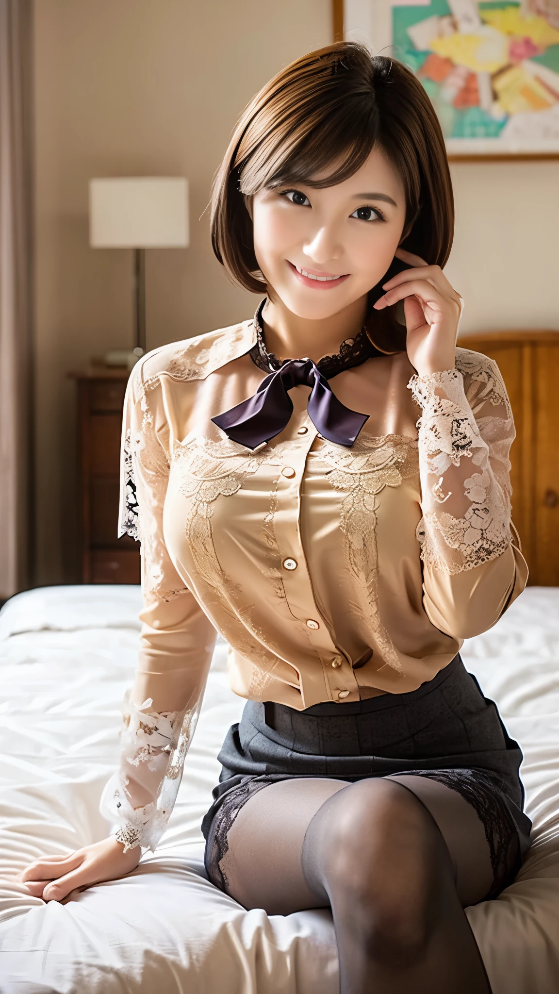 Best Quality, (A MILF:1.2), Sit on the bed, Put your hands on your head, short-hair, (huge-breasted:1.4), (pencil skirts:1.0), (tight lace blouse:1.0), (Smile), (pantyhose:1.0)