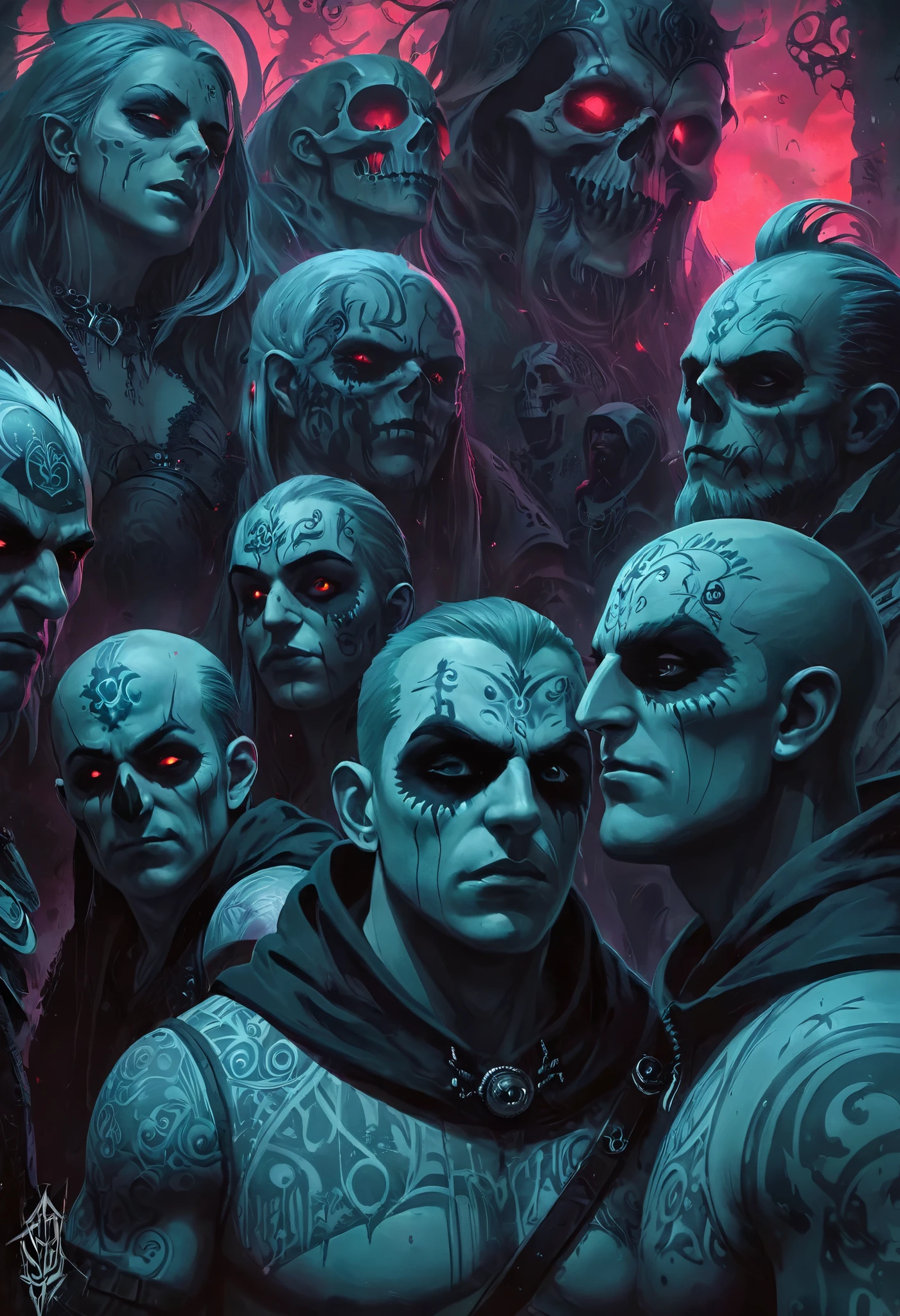 Digital art, The Whisperers of the Seven Deadly Sins, painting, gloomy atmosphere, aesthetics Gothic, graffiti airbrushing techniques, high definition, accent lighting, contrasted with bright paint colors, by Squal92i