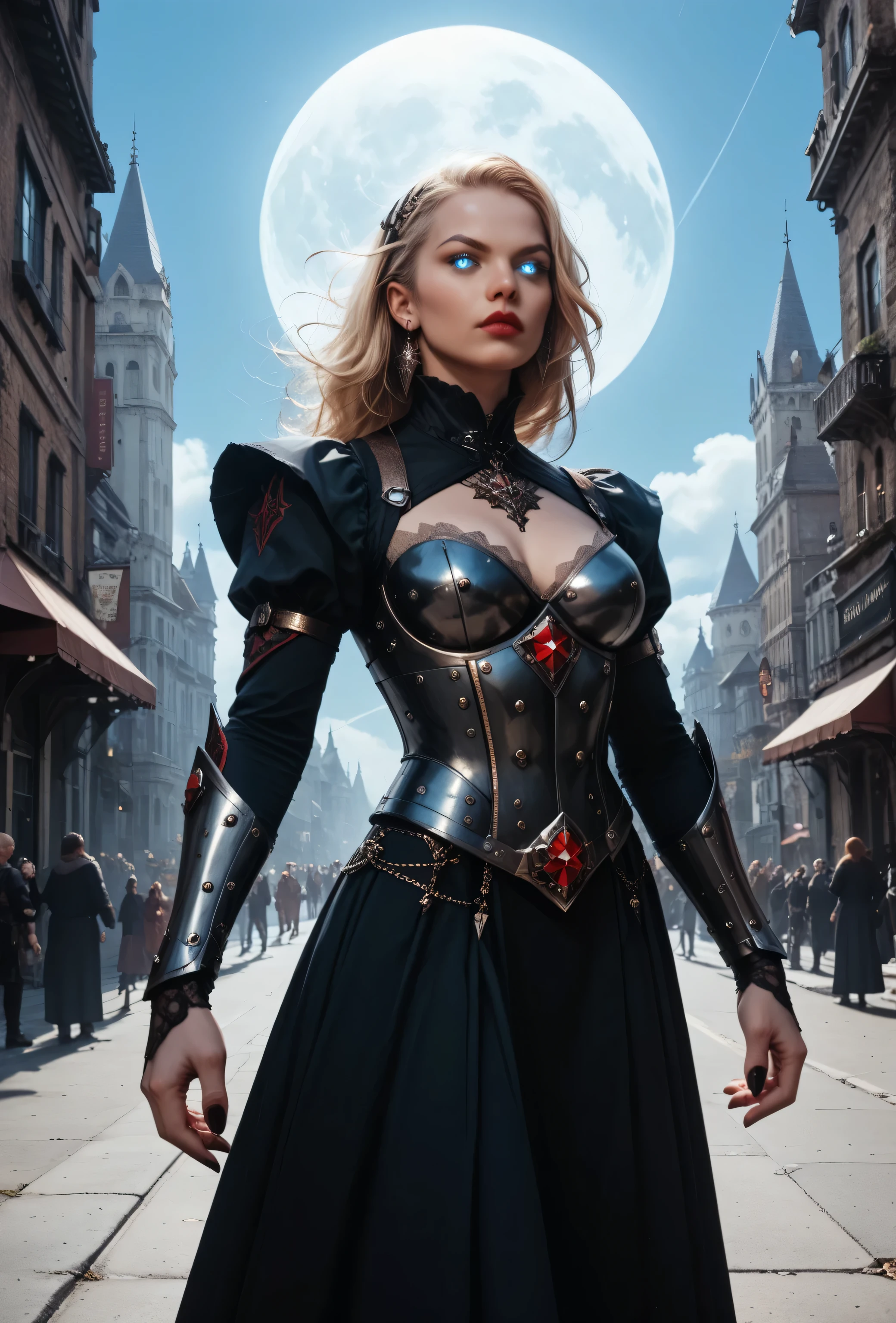 score_9, score_8_up, score_7_up,Arafed, dark fantasy art, gothic art, a picture of a vampire ready for battle, female vampire, armed with a sword, wearing heavy armor, armed with a sword, shining sword, ultra detailed face (intricate detailed, Masterpiece, best quality: 1.4), pale skin, glowing eyes, blue eyes, ultra feminine, pale skin, blond hair, dark fantasy urban street (intricate detailed, Masterpiece, best quality: 1.4), night time, moon light, star light, clouds GlowingRunesAI_red, fantasy, commix style