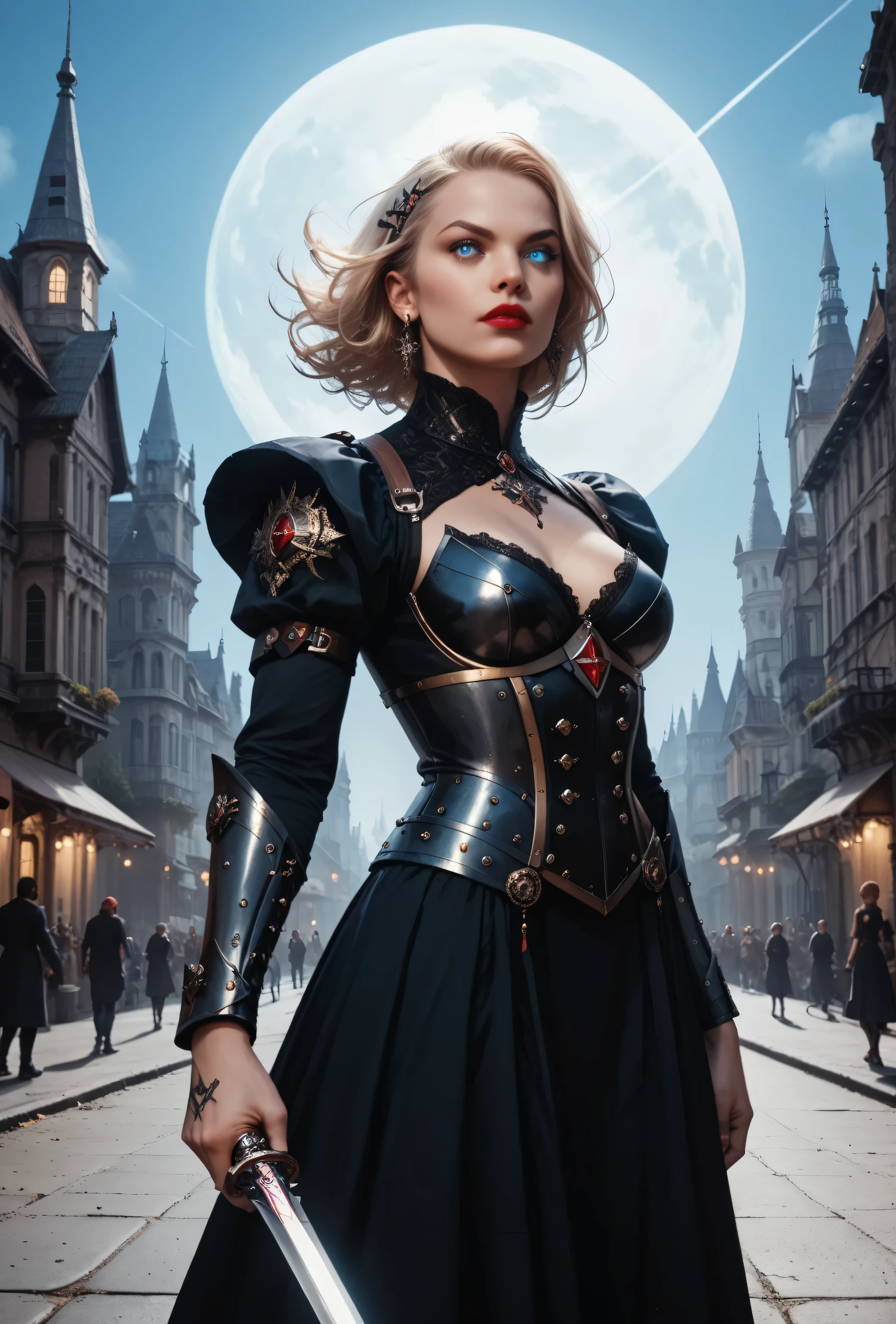 score_9, score_8_up, score_7_up,Arafed, dark fantasy art, gothic art, a picture of a vampire ready for battle, female vampire, armed with a sword, wearing heavy armor, armed with a sword, shining sword, ultra detailed face (intricate detailed, Masterpiece, best quality: 1.4), pale skin, glowing eyes, blue eyes, ultra feminine, pale skin, blond hair, dark fantasy urban street (intricate detailed, Masterpiece, best quality: 1.4), night time, moon light, star light, clouds  GlowingRunesAI_red, fantasy, commix style