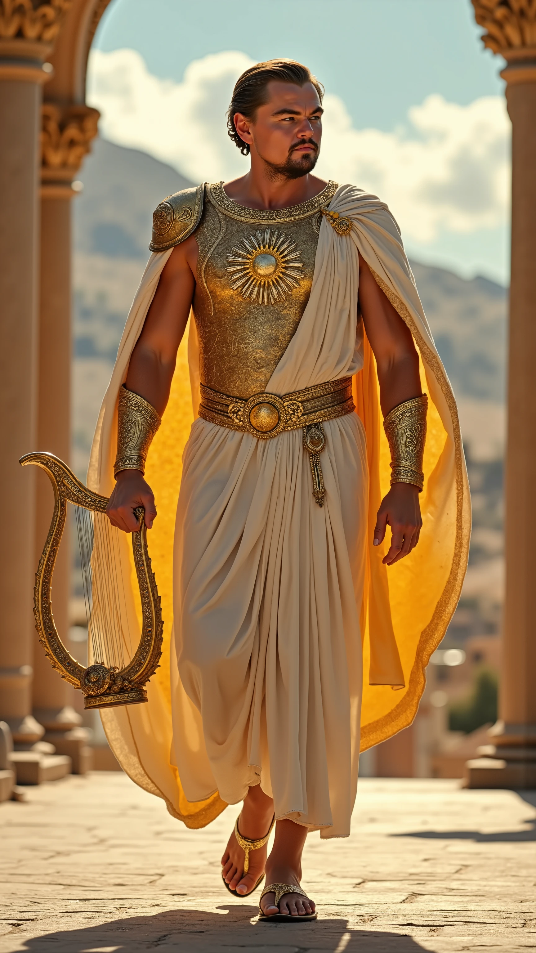 Leonardo DiCaprio reimagined as a majestic Greek god Apollo walking and holding a golden lyre､dramatic atmosphere, 1 male､ 

A radiant, statuesque figure with a lean yet athletic build, exuding effortless charm and divine grace. Golden-blond hair falls in soft waves, framing a sculpted jawline and high cheekbones. His piercing sky-blue eyes shine with celestial brilliance, holding both wisdom and artistic inspiration. His expression is serene yet confident, a beacon of light and harmony.

A flowing, high-collared tunic of pure white and sunlit gold, woven from celestial silk, drapes elegantly over his form, embroidered with intricate patterns of laurel leaves and radiant sunbursts. Over it, a finely sculpted breastplate of polished gold and ivory, adorned with delicate filigree and amber gemstones, enhances his divine presence. A regal, lightweight cloak of shimmering golden fabric cascades from his shoulders, fastened by a radiant sun-shaped brooch. His arms are wrapped in elegant bracers, each engraved with musical notes and sacred poetry. In his hand, he holds a golden lyre, its strings humming with celestial melodies, or a radiant bow of ivory and gold, its quiver filled with arrows tipped with the light of the sun.

, shows his male character's full figure, athletic body, perfect  face, full body, extremely beautiful, god, male shape, perfect anatomy, The background showcases the majestic architecture of Mount Olympus at sunny day, with grand marble arches, towering golden spires, and ethereal clouds, photorealistic, masterpiece, realistic, high contrast, 8k, HD, high definition detailed, detailed, hyper detailed, realistic skin texture, best quality, ultra high resolution, hyper realistic, no text, very detailed eyes, dramatic lighting
