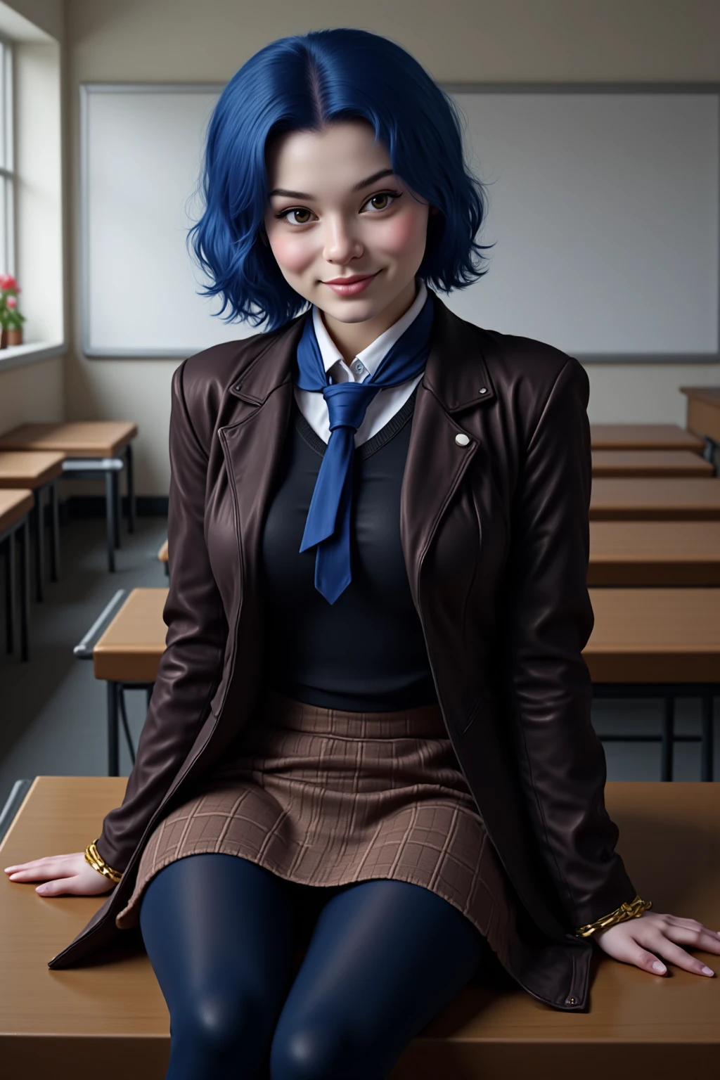 realistic, realism, photorealism, photo-realistic, high contrast, (photorealistic:1.4), 8k high definition detailed realistic, (best quality, masterpiece:1.2), best quality, highly detailed, chloeprice_byammpuv1, small breasts, detailed face, detailed eye, short hair, blue hair, multicolored hair, blue eyes, looking at viewer, (standing), (sitting), (restaurant), restaurant bench, (high heels),( suit:1.5),(skirt), (tie:1.2)