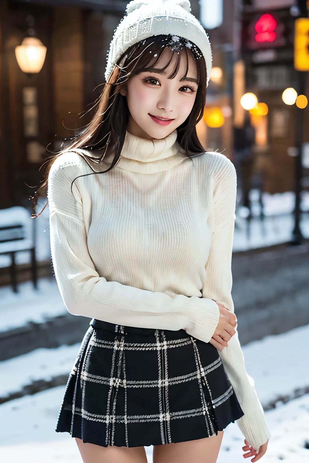 white knitted hat 、 black hair、 straight hair、 has bangs、smile、SkinnyBody、 white turtleneck knitted sweater、tartan plaid tight miniskirt、 black knee-high boots、 standing in a snowy city
