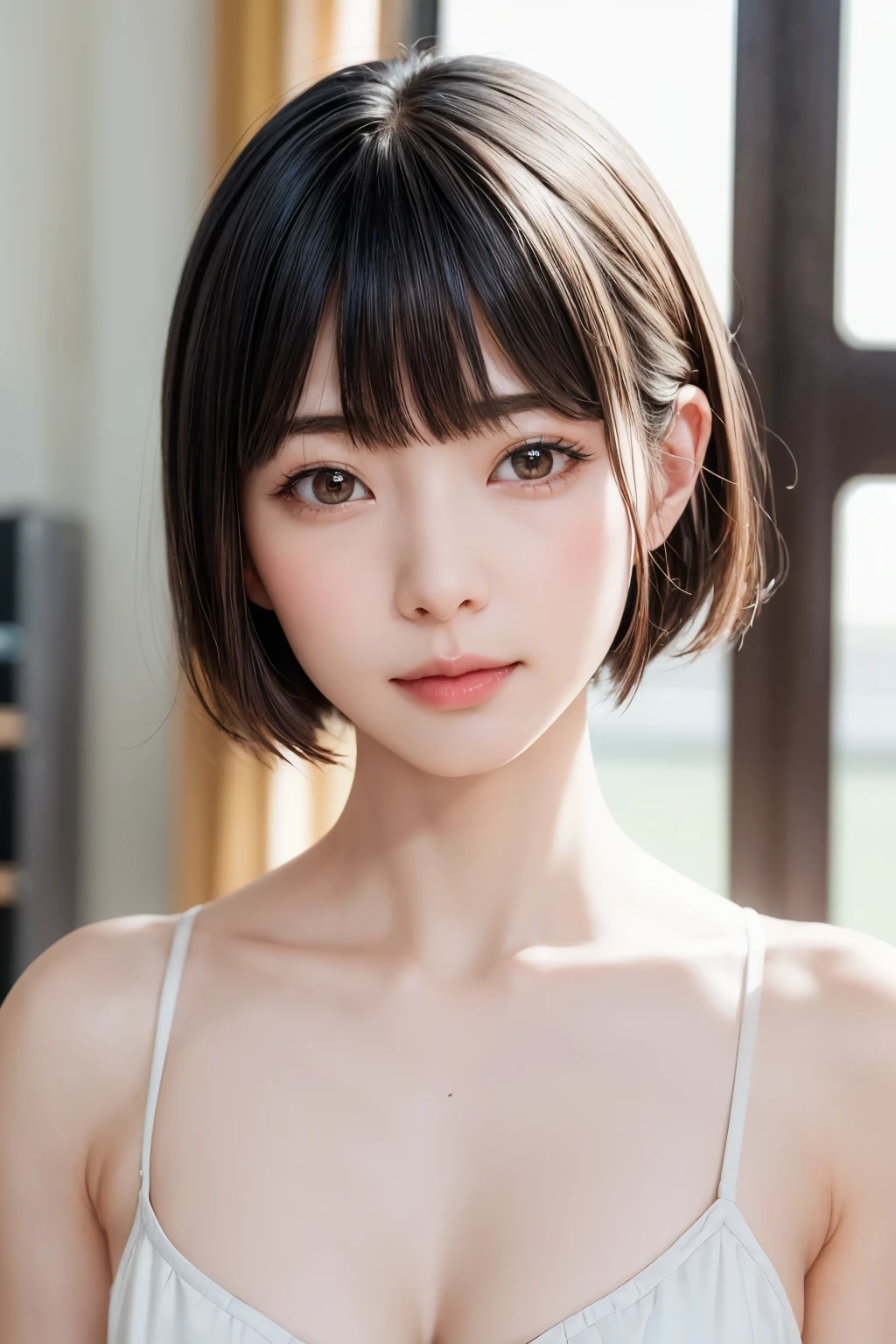 (masutepiece, top-quality、Very attractive adult beauty、Add intense highlights to the eyes、Look firmly at the camera:1.4、Beautiful woman full of adult charm、Ideal ratio body proportions、Perfect Anatomy、Brunette Short Bob Hair、Lustrous hair、lipgloss),1girl in, 独奏, Light brown shiny hair, muffler,realisitic, looking at the viewers、Tilt your head slightly, Bright colored crystal light blue eyes, short shiny hair、 White turtleneck outfit with a hole in the center of the chest,Sexy white turtleneck knit sweater with a round hole in the middle of the chest、 s lips, lipgloss,bangss, The upper part of the body、big eye、Lashes、The face is a little red、Embarrassing)、((Road system in Italy in winter))、((Shorthair with bangs、big eye、Put very strong highlights in your students、{Gigantic|Big|Huge|Mega} breasts:1.4、Beautiful big valley、very Bigger breasts:1.4、gazing at viewer、Very beautiful beauty、Put your ears out、long beautiful neck、little smiling、Beautiful teeth、Open your mouth and smile、Heart-shaped pupil))、28 year old、Very cute supermodel、