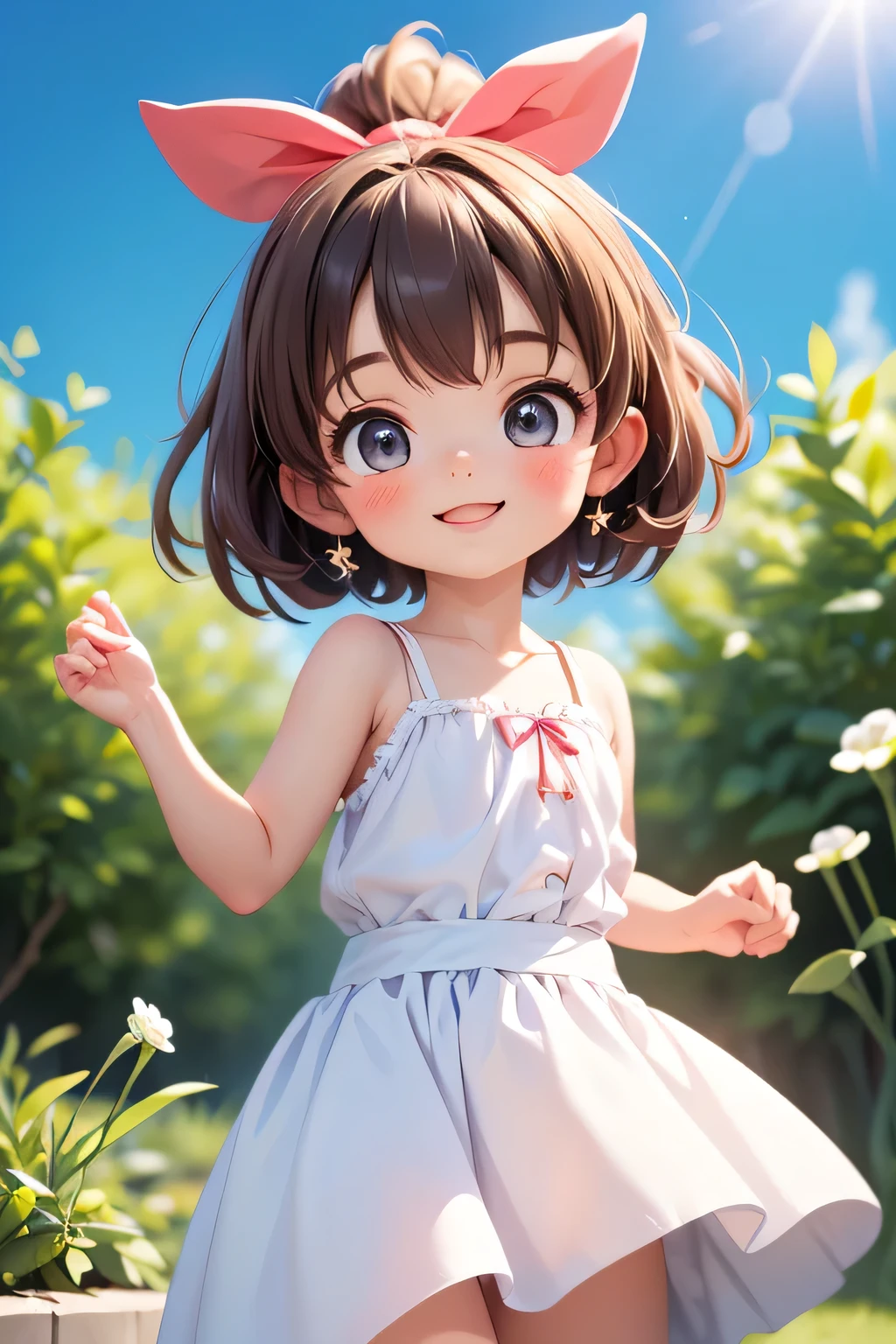 Highest quality、High resolution、Detailed Background、(Beautiful face in every detail:1.4)、Anatomically correct、(Detailed facial expressions)、(fine grain:1.2)、Teenage Beauty、Cute hair color、Braided Ponytail、Braided bob cut、Braided twin tails、Lower grade primary school students, Pastel colored sleeveless summer dress、Long skirt、Perfect body line、Jumping down from the steps、The skirt flutters、Just before landing、Full body shot from the front、(armpit:1.5)