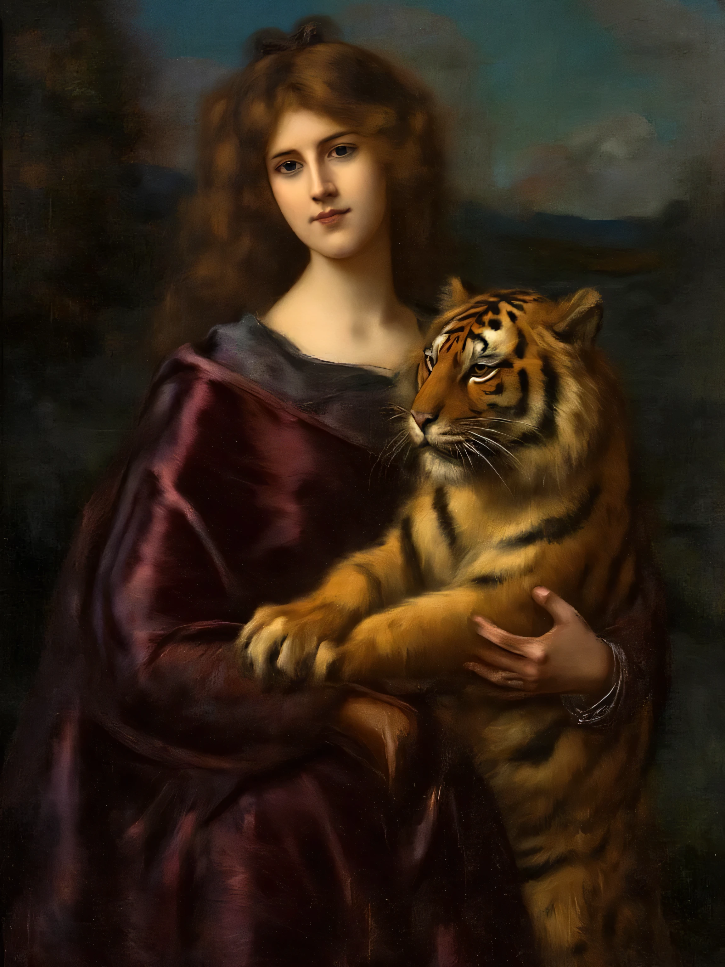 Female knight holding a tiger, renaissance, 16th century, portrait, masterpiece, art masterpiece, oil painting, detailed painting, sfumato, chiaroscuro, noble, elegant, graceful, serene, soft lighting, rich colors, drapery, landscape background