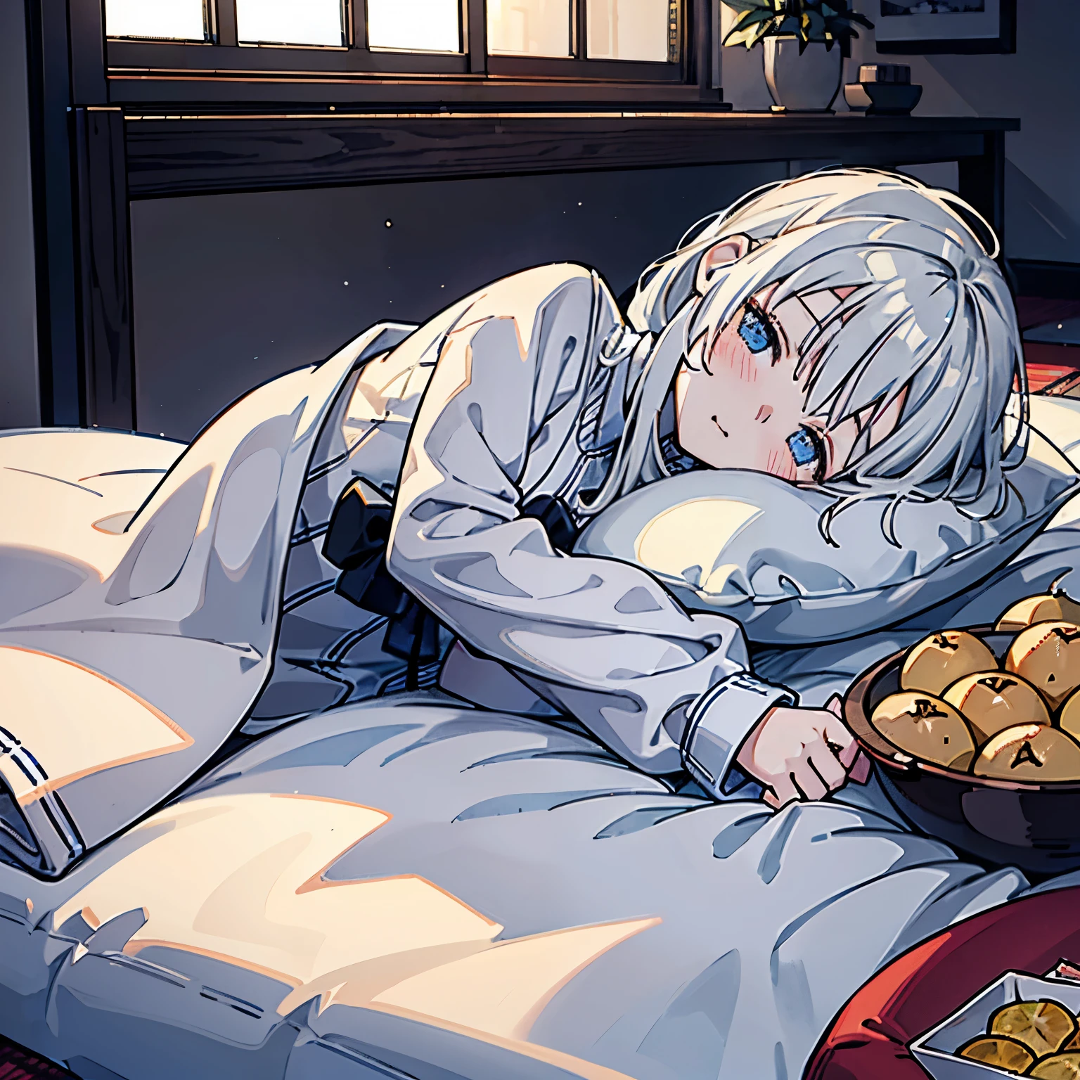 A cozy winter living room with a young girl who has fallen asleep inside a kotatsu. She rests her cheek against the soft kotatsu blanket, one arm stretched out, peacefully dozing with a relaxed expression. The kotatsu table is cluttered with an open bag of potato chips, a half-eaten chocolate bar, oranges, and a smartphone lying nearby. The room is warmly lit, creating a soft, relaxing atmosphere, while outside the window, a chilly winter night can be seen. The plush kotatsu blanket and the gentle blush on her cheeks convey a sense of warmth and comfort