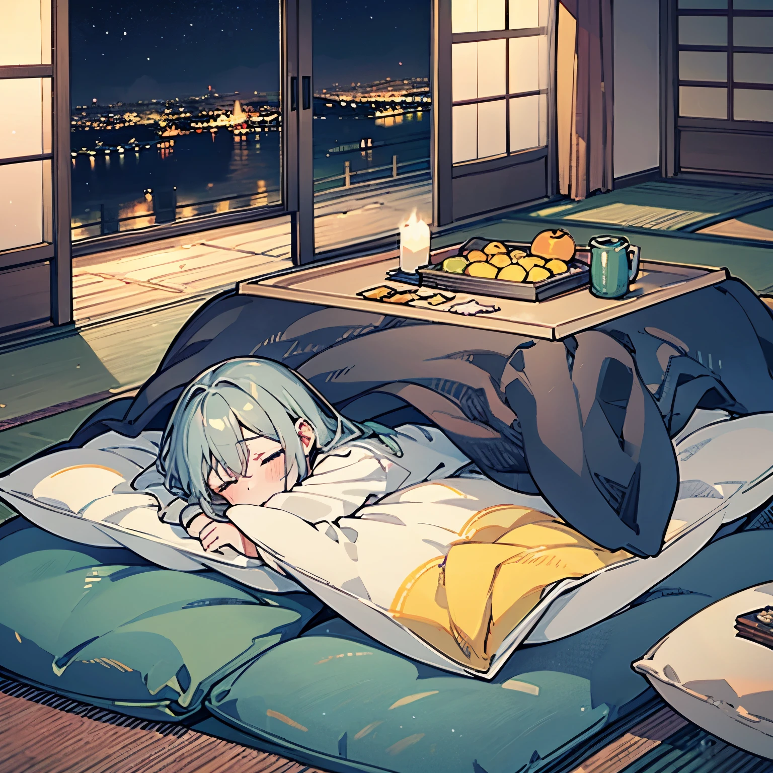 A cozy winter living room with a young girl who has fallen asleep inside a kotatsu. She rests her cheek against the soft kotatsu blanket, one arm stretched out, peacefully dozing with a relaxed expression. The kotatsu table is cluttered with an open bag of potato chips, a half-eaten chocolate bar, oranges, and a smartphone lying nearby. The room is warmly lit, creating a soft, relaxing atmosphere, while outside the window, a chilly winter night can be seen. The plush kotatsu blanket and the gentle blush on her cheeks convey a sense of warmth and comfort