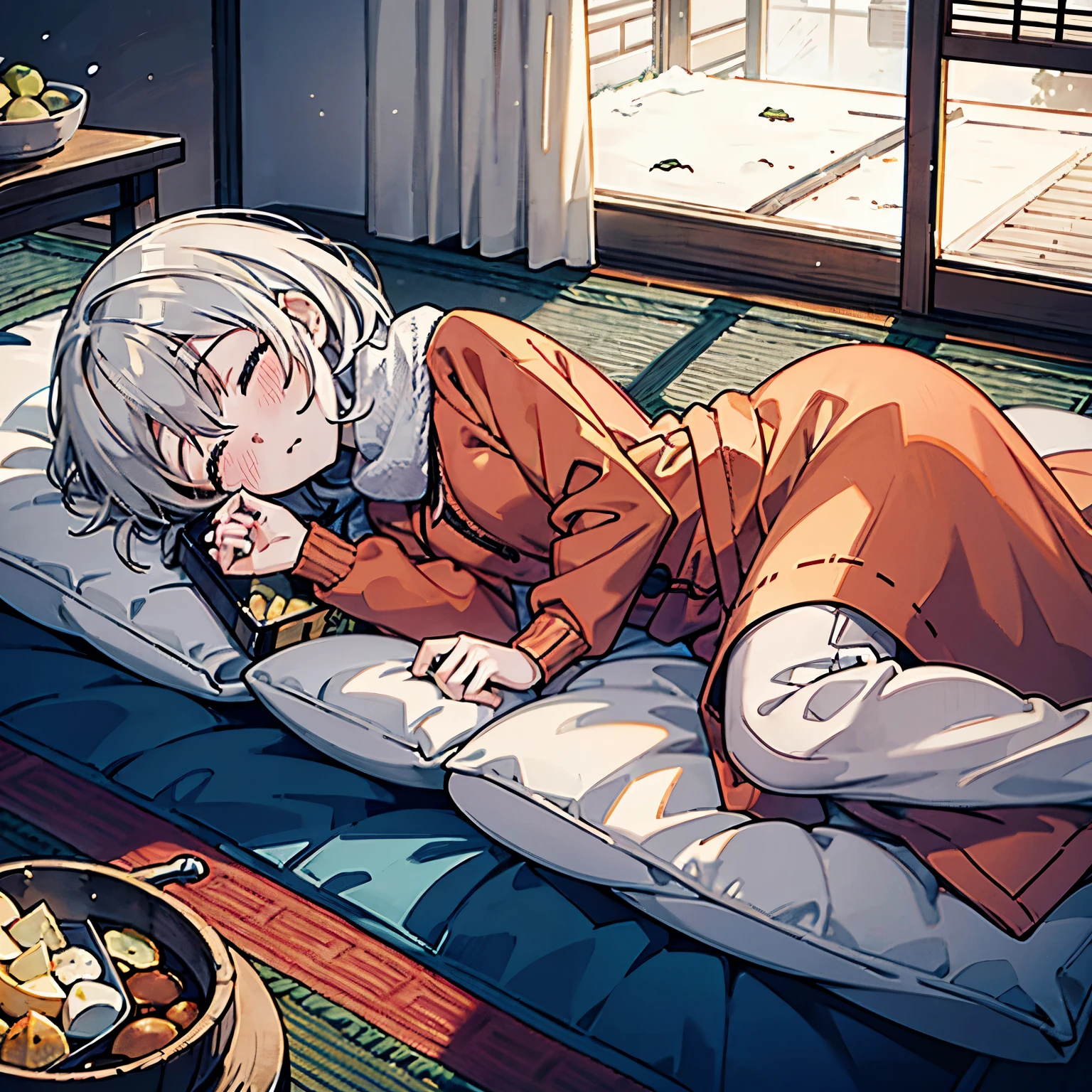 A cozy winter living room with a young girl who has fallen asleep inside a kotatsu. She rests her cheek against the soft kotatsu blanket, one arm stretched out, peacefully dozing with a relaxed expression. The kotatsu table is cluttered with an open bag of potato chips, a half-eaten chocolate bar, oranges, and a smartphone lying nearby. The room is warmly lit, creating a soft, relaxing atmosphere, while outside the window, a chilly winter night can be seen. The plush kotatsu blanket and the gentle blush on her cheeks convey a sense of warmth and comfort