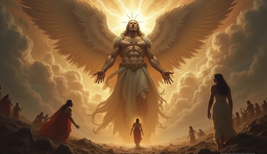 Giant male angel with a golden robe and a giant golden raised sword held in both hands raises the sword above his head fighting demons sitting in a pool of water and behind the angel a crowd of men and women dressed in white and smiling.
