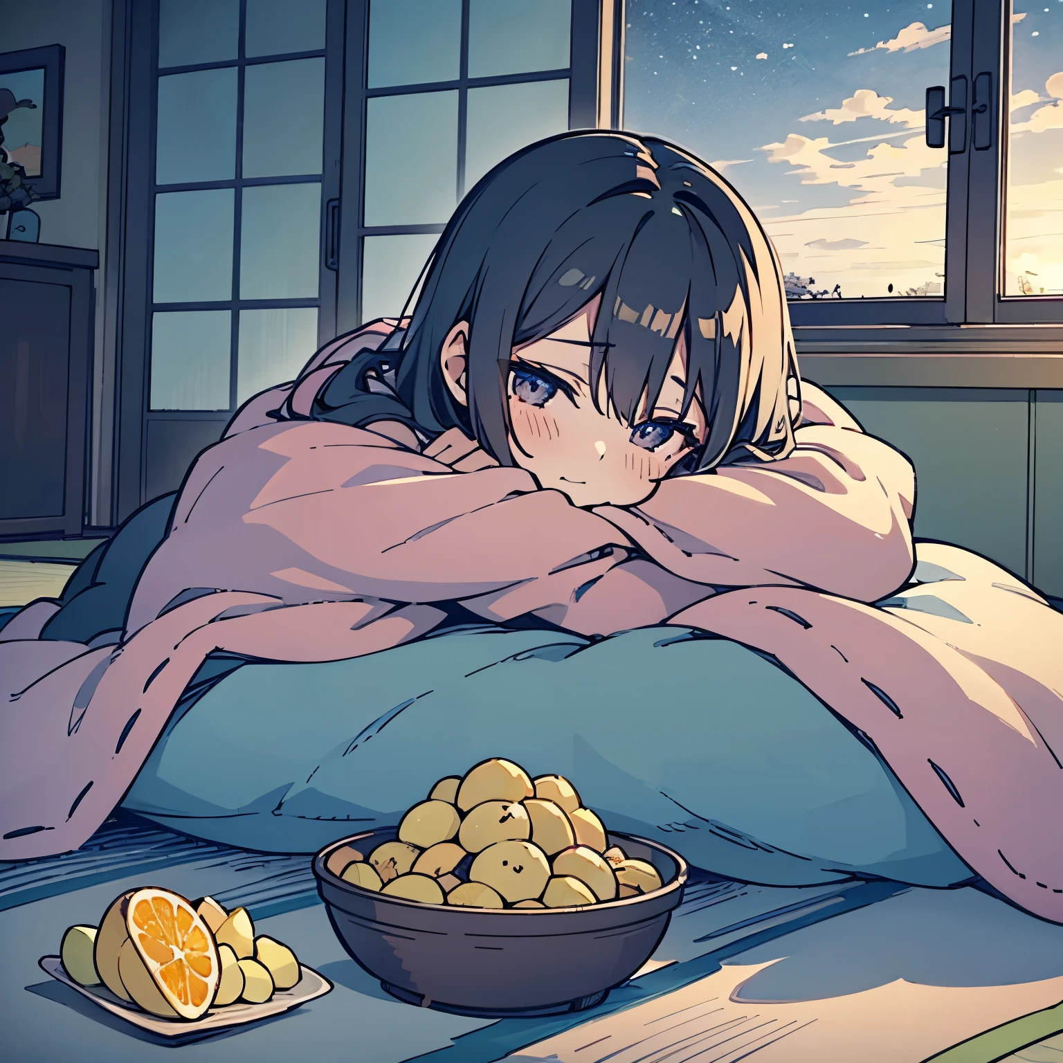 A cozy winter living room with a young girl who has fallen asleep inside a kotatsu. She rests her cheek against the soft kotatsu blanket, one arm stretched out, peacefully dozing with a relaxed expression. The kotatsu table is cluttered with an open bag of potato chips, a half-eaten chocolate bar, oranges, and a smartphone lying nearby. The room is warmly lit, creating a soft, relaxing atmosphere, while outside the window, a chilly winter night can be seen. The plush kotatsu blanket and the gentle blush on her cheeks convey a sense of warmth and comfort