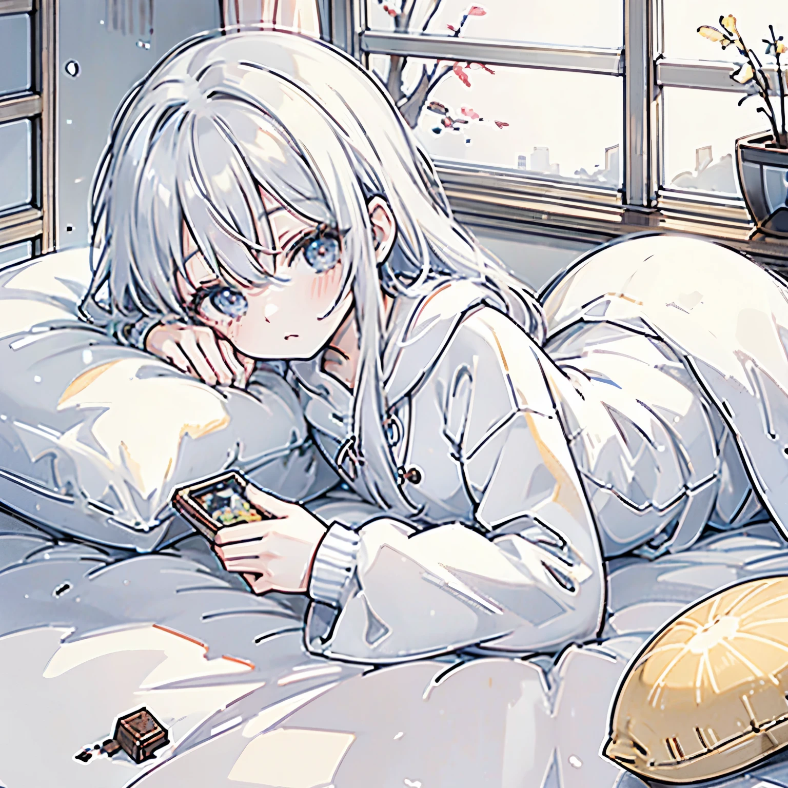 A cozy winter living room with a young girl who has fallen asleep inside a kotatsu. She rests her cheek against the soft kotatsu blanket, one arm stretched out, peacefully dozing with a relaxed expression. The kotatsu table is cluttered with an open bag of potato chips, a half-eaten chocolate bar, oranges, and a smartphone lying nearby. The room is warmly lit, creating a soft, relaxing atmosphere, while outside the window, a chilly winter night can be seen. The plush kotatsu blanket and the gentle blush on her cheeks convey a sense of warmth and comfort