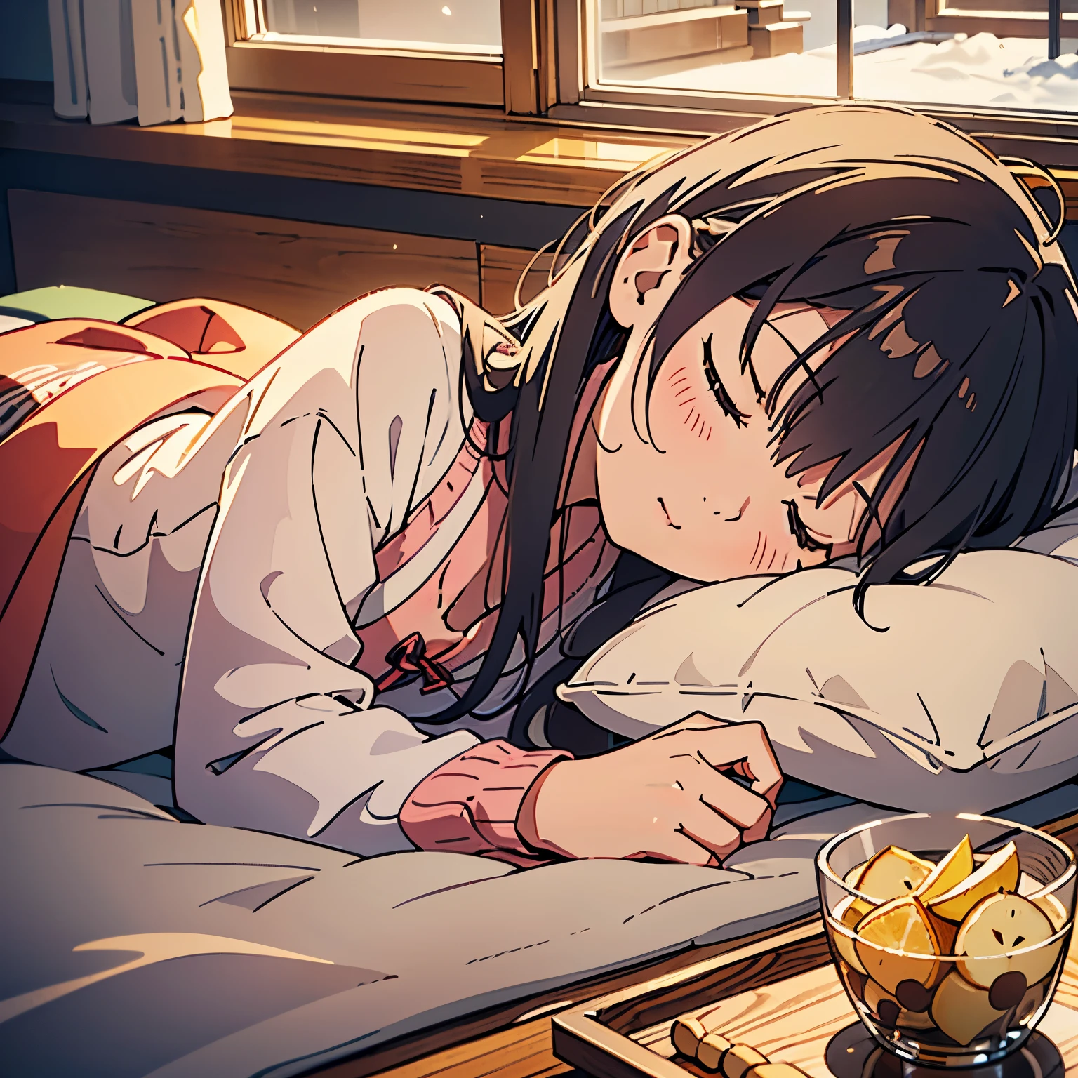 A cozy winter living room with a young girl who has fallen asleep inside a kotatsu. She rests her cheek against the soft kotatsu blanket, one arm stretched out, peacefully dozing with a relaxed expression. The kotatsu table is cluttered with an open bag of potato chips, a half-eaten chocolate bar, oranges, and a smartphone lying nearby. The room is warmly lit, creating a soft, relaxing atmosphere, while outside the window, a chilly winter night can be seen. The plush kotatsu blanket and the gentle blush on her cheeks convey a sense of warmth and comfort